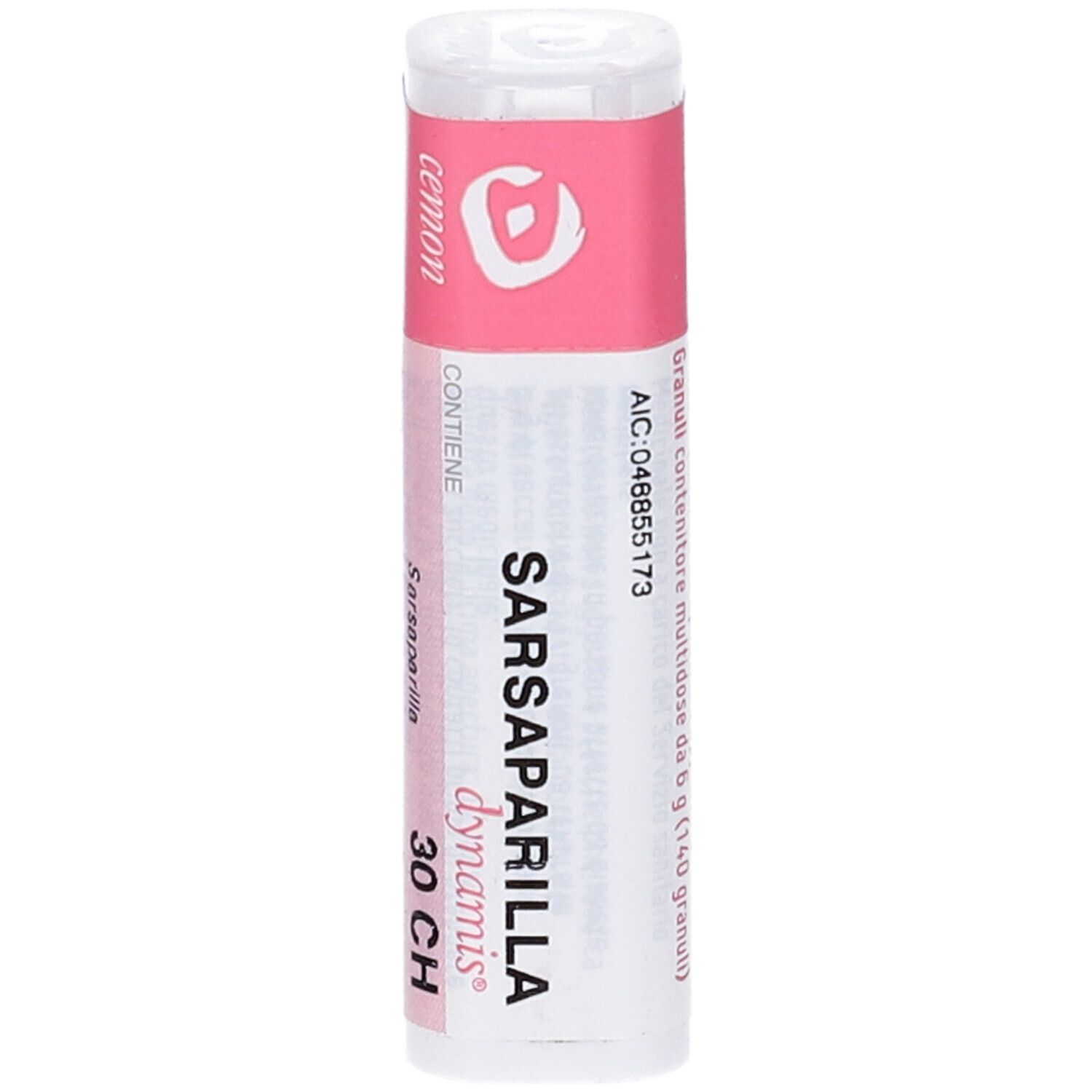 Flacone cilindrico bianco con etichetta rosa. 'Sarsaparilla 30 CH' sull'etichetta.