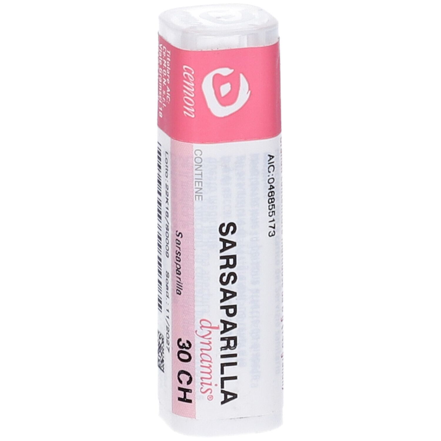 Flacone cilindrico bianco con etichetta rosa. 'Sarsaparilla 30 CH' sull'etichetta.