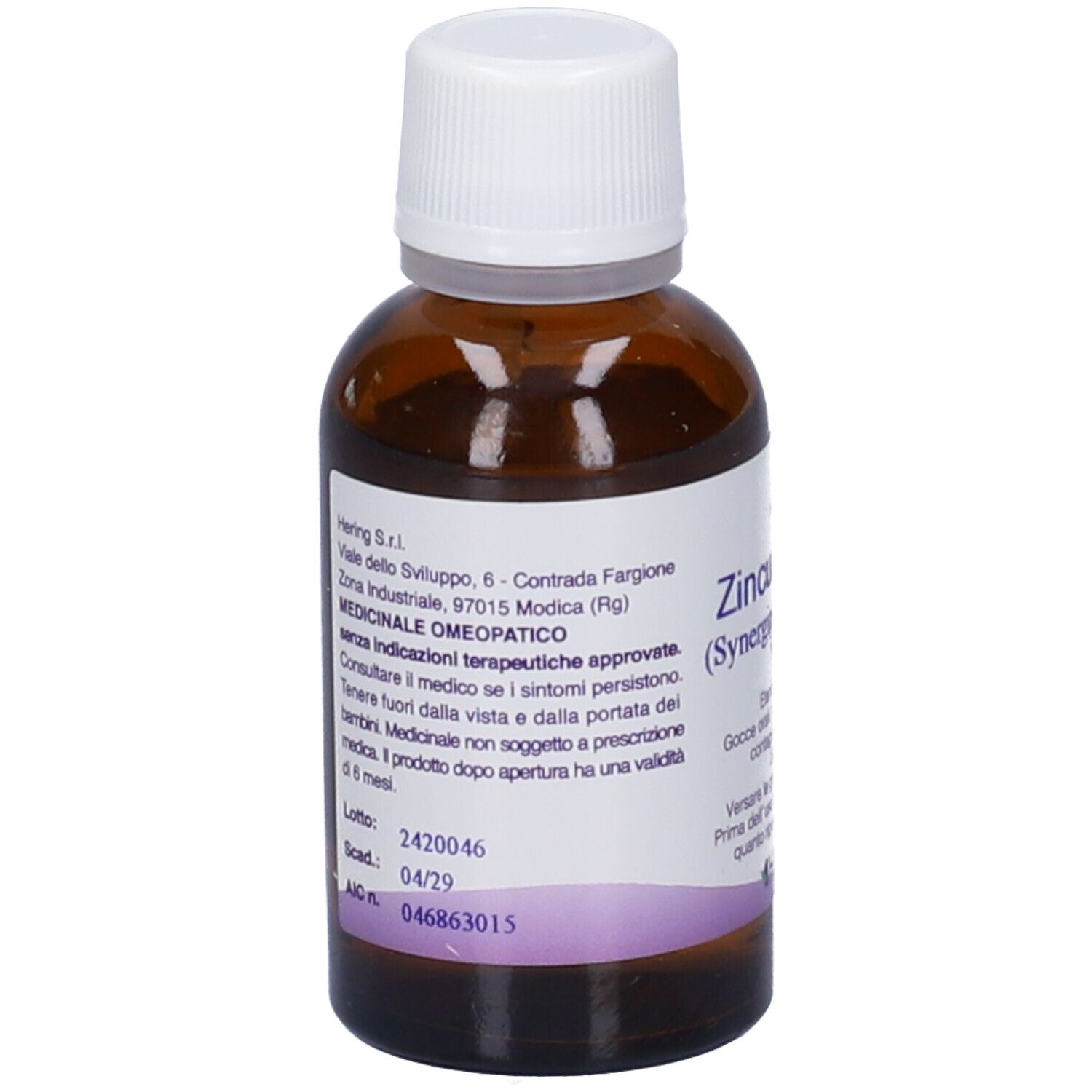 Flacone di vetro marrone con tappo bianco. L'etichetta indica Zincumplus (Synergiplus n. 805), Hering.
