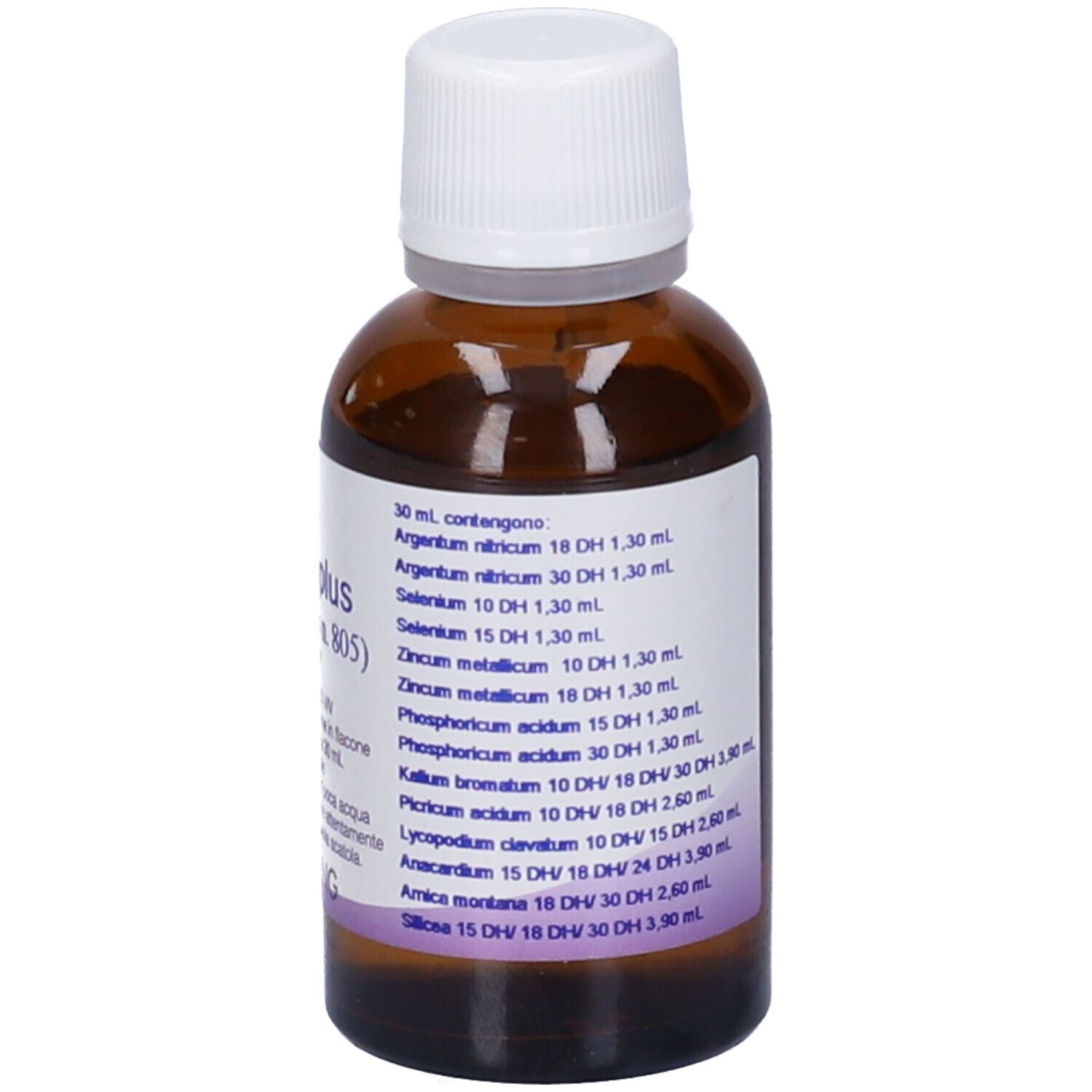 Flacone di vetro marrone con tappo bianco. L'etichetta indica Zincumplus (Synergiplus n. 805), Hering.