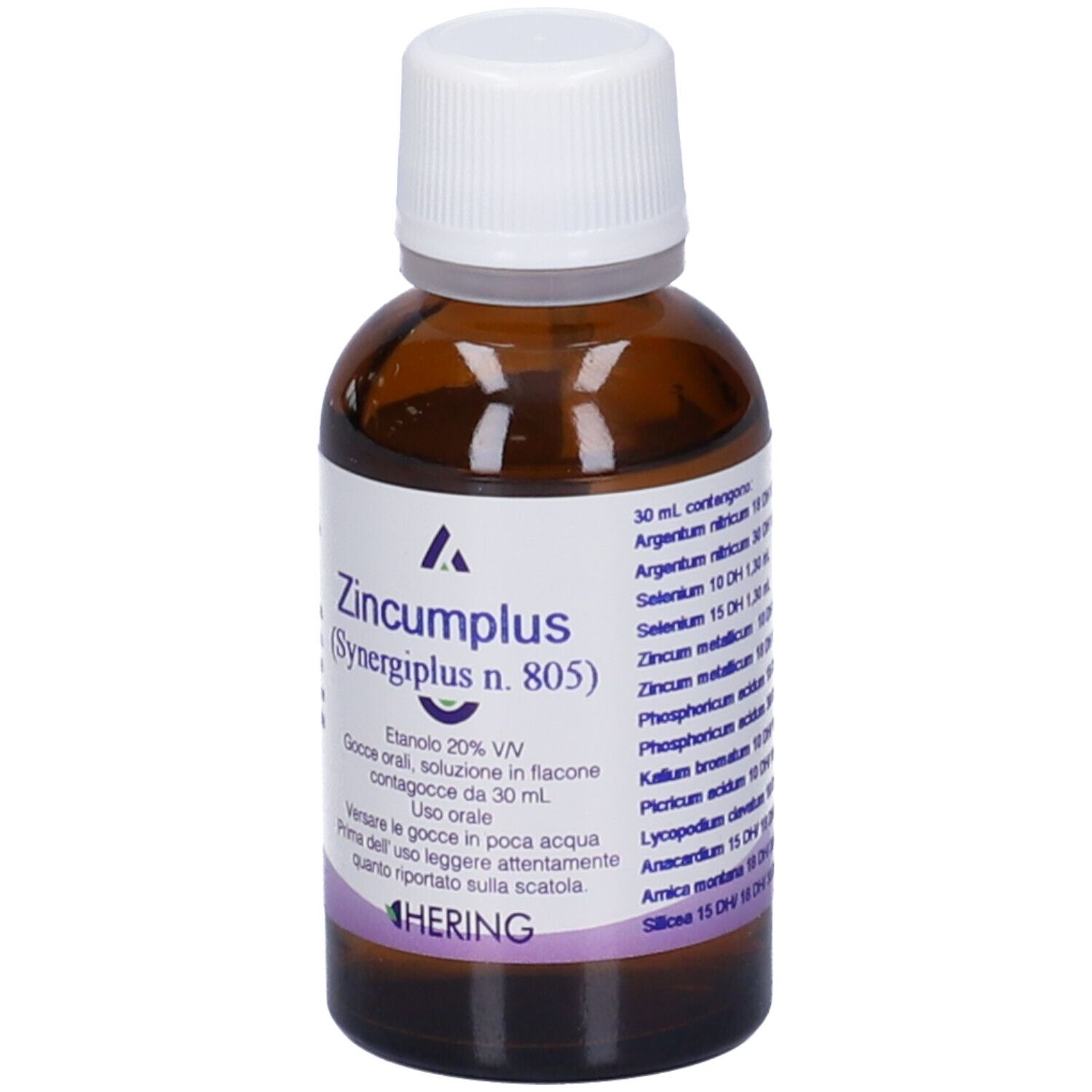 Flacone di vetro marrone con tappo bianco. L'etichetta indica Zincumplus (Synergiplus n. 805), Hering.