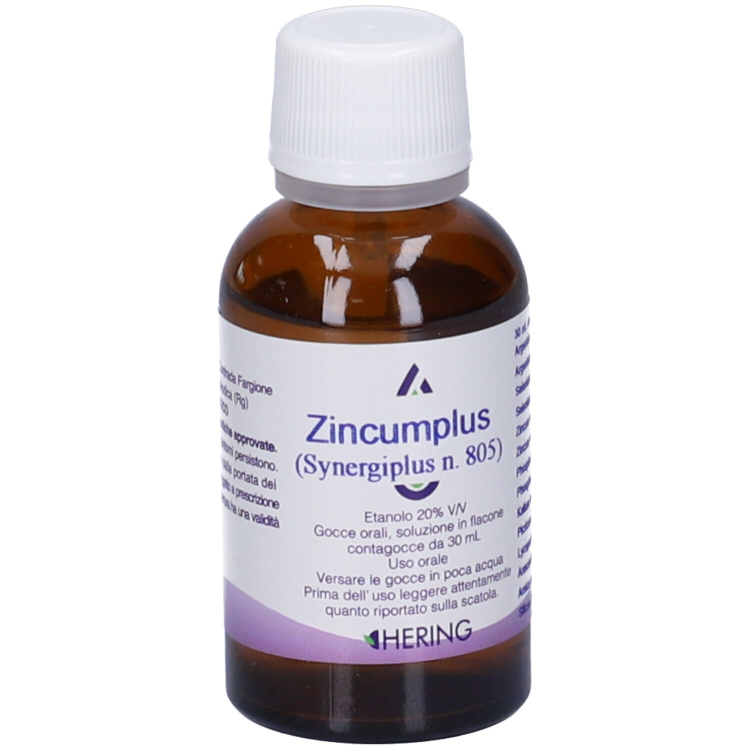 Flacone di vetro marrone con tappo bianco. L'etichetta indica Zincumplus (Synergiplus n. 805), Hering.