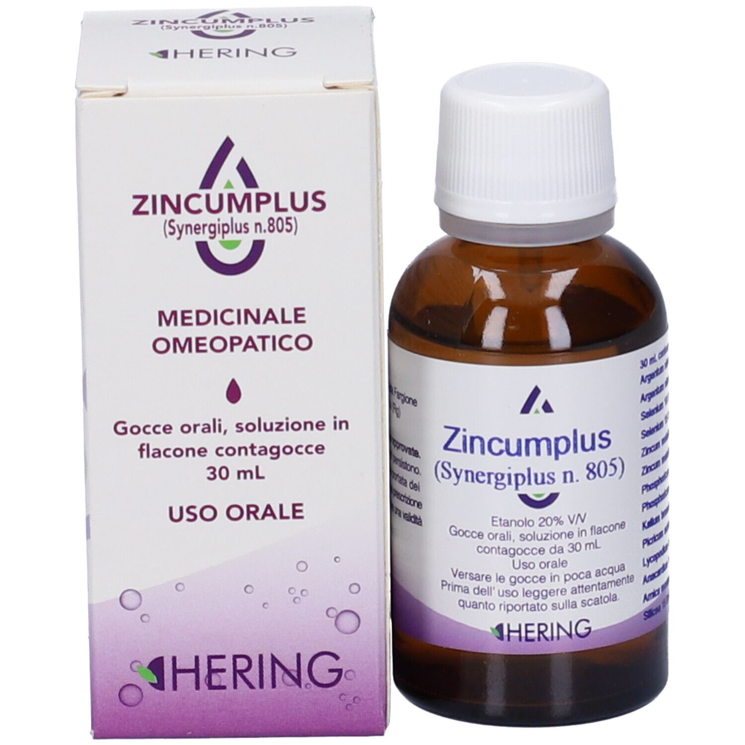 Flacone di vetro marrone e scatola. Sulla scatola, Zincumplus (Synergiplus n. 805), Hering.