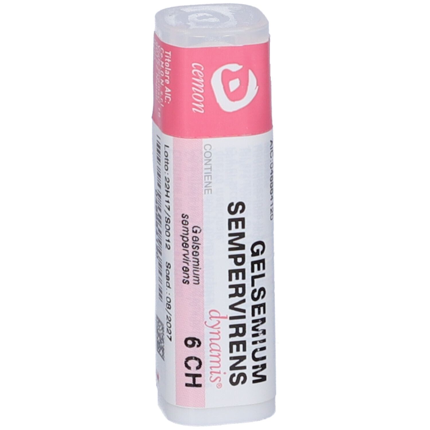 Contenitore cilindrico con etichetta rosa. Scritta: Gelsemium Sempervirens dynamis 6 CH.