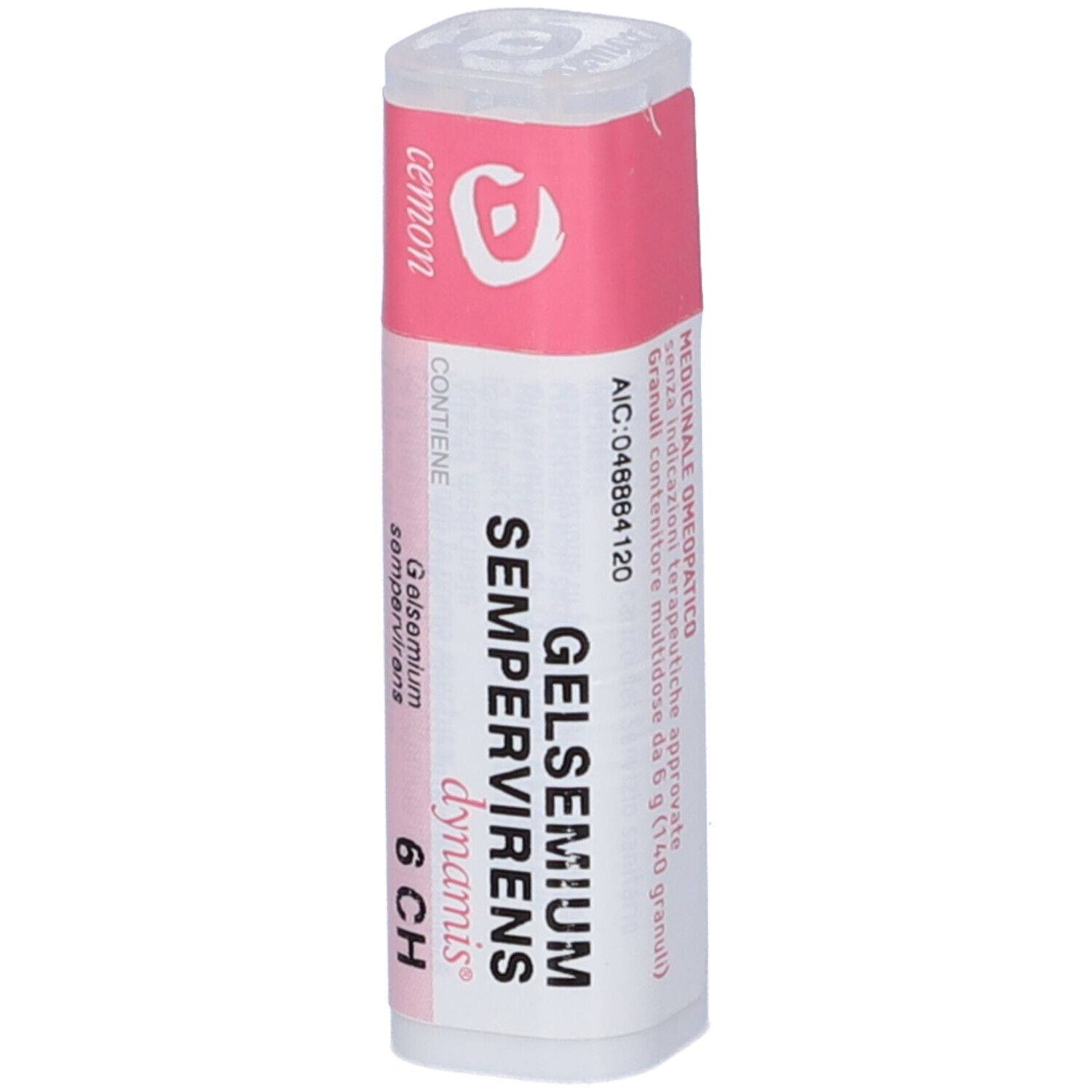 Contenitore cilindrico con etichetta rosa. Scritta: Gelsemium Sempervirens dynamis 6 CH.