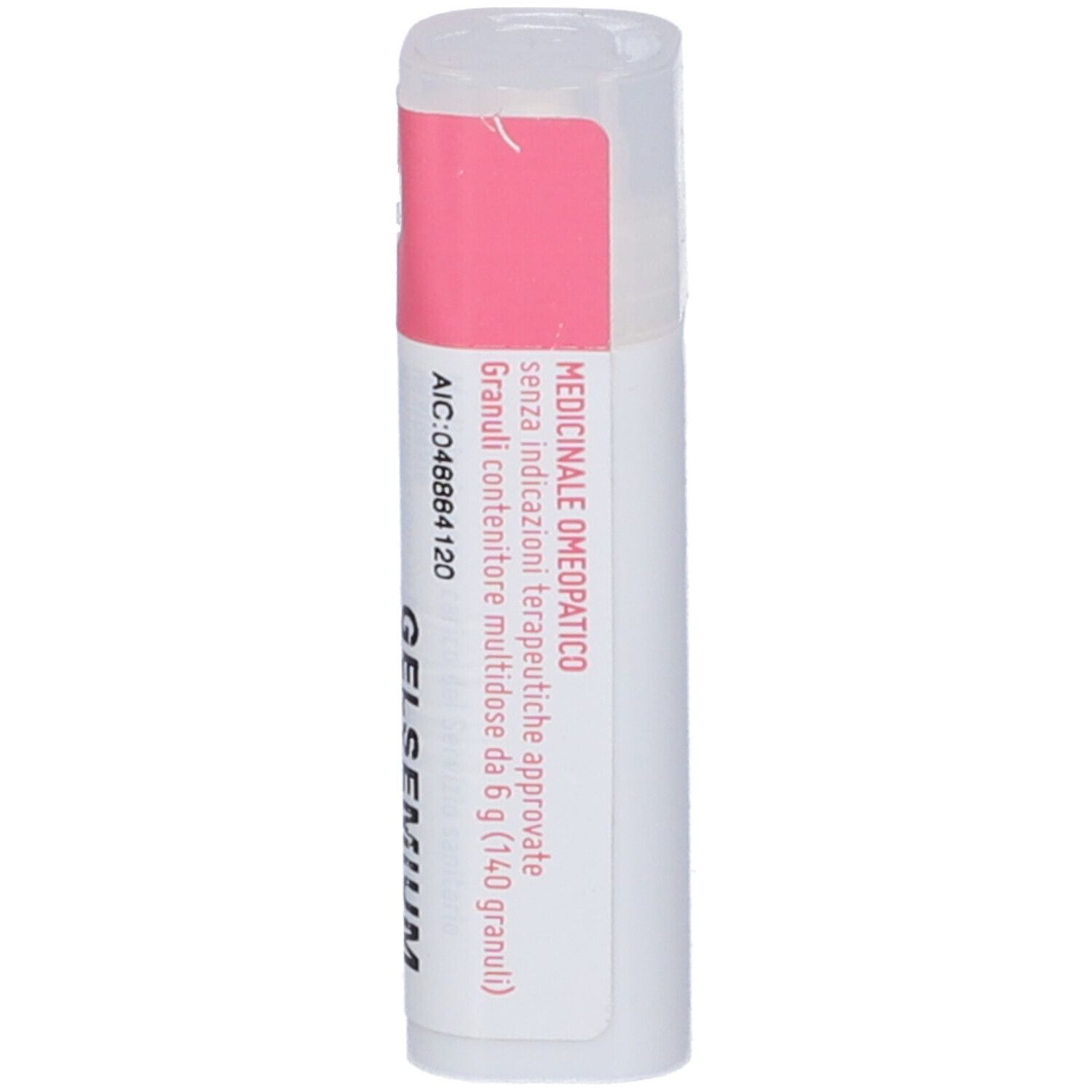 Contenitore cilindrico con etichetta rosa. Scritta: Gelsemium Sempervirens 6 CH.
