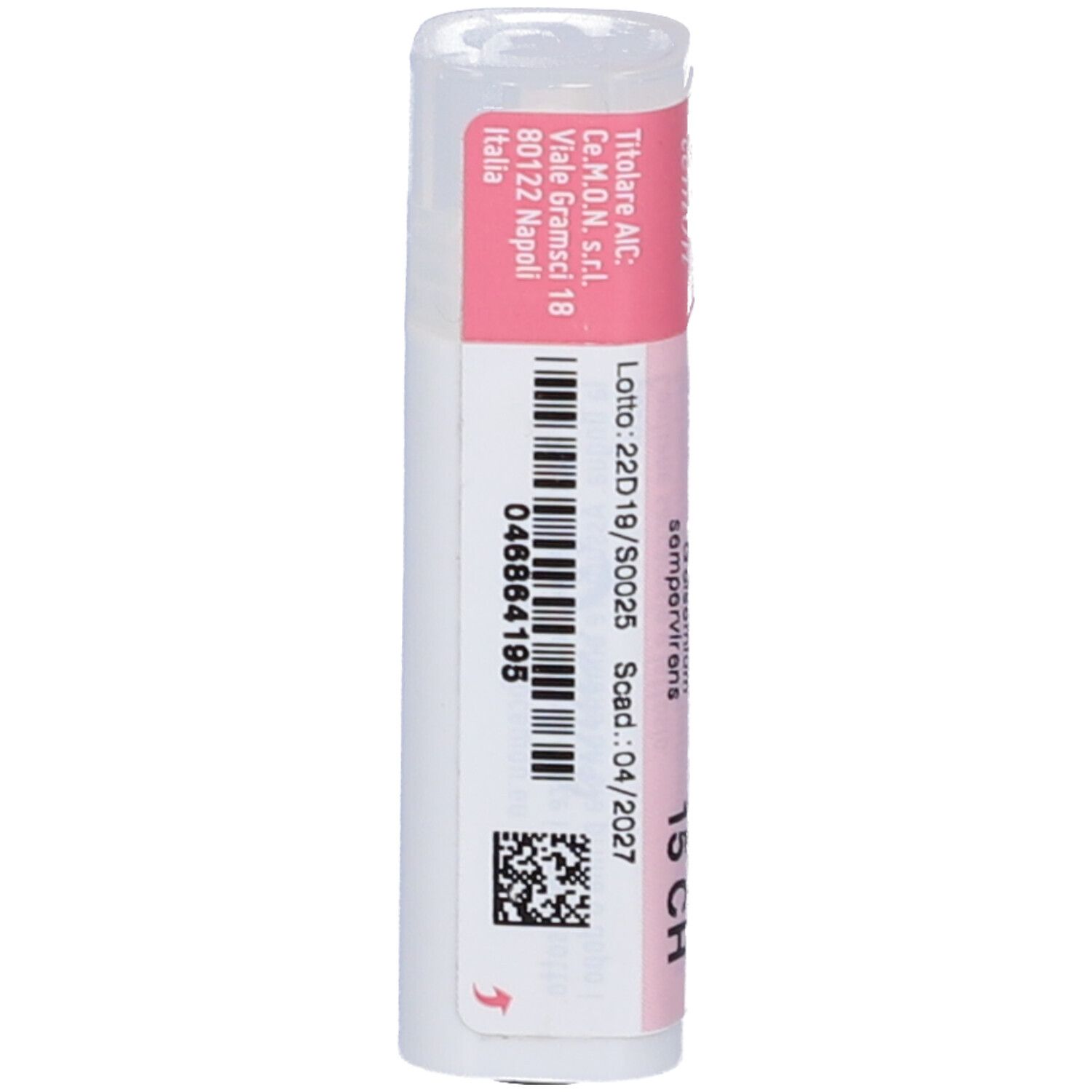 Contenitore cilindrico con etichetta rosa e bianca. Codice a barre e numero di lotto. Indirizzo del produttore e data di scadenza.