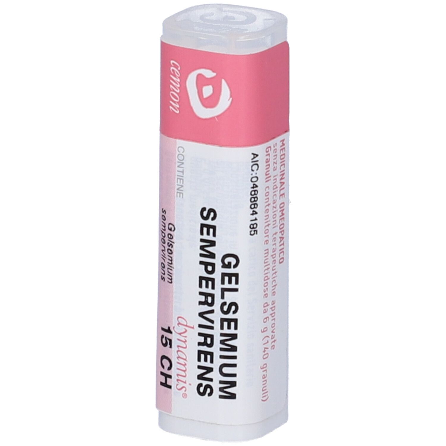 Contenitore cilindrico con etichetta rosa e bianca. Nome del prodotto, 15 CH e altre informazioni. Logo del produttore visibile.