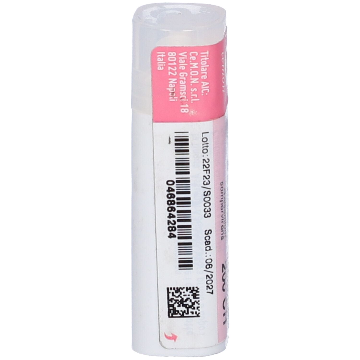 Flacone cilindrico bianco con etichetta rosa. Scritta: Gelsemium Sempervirens dynamis 200 CH. Marchio Cemon.