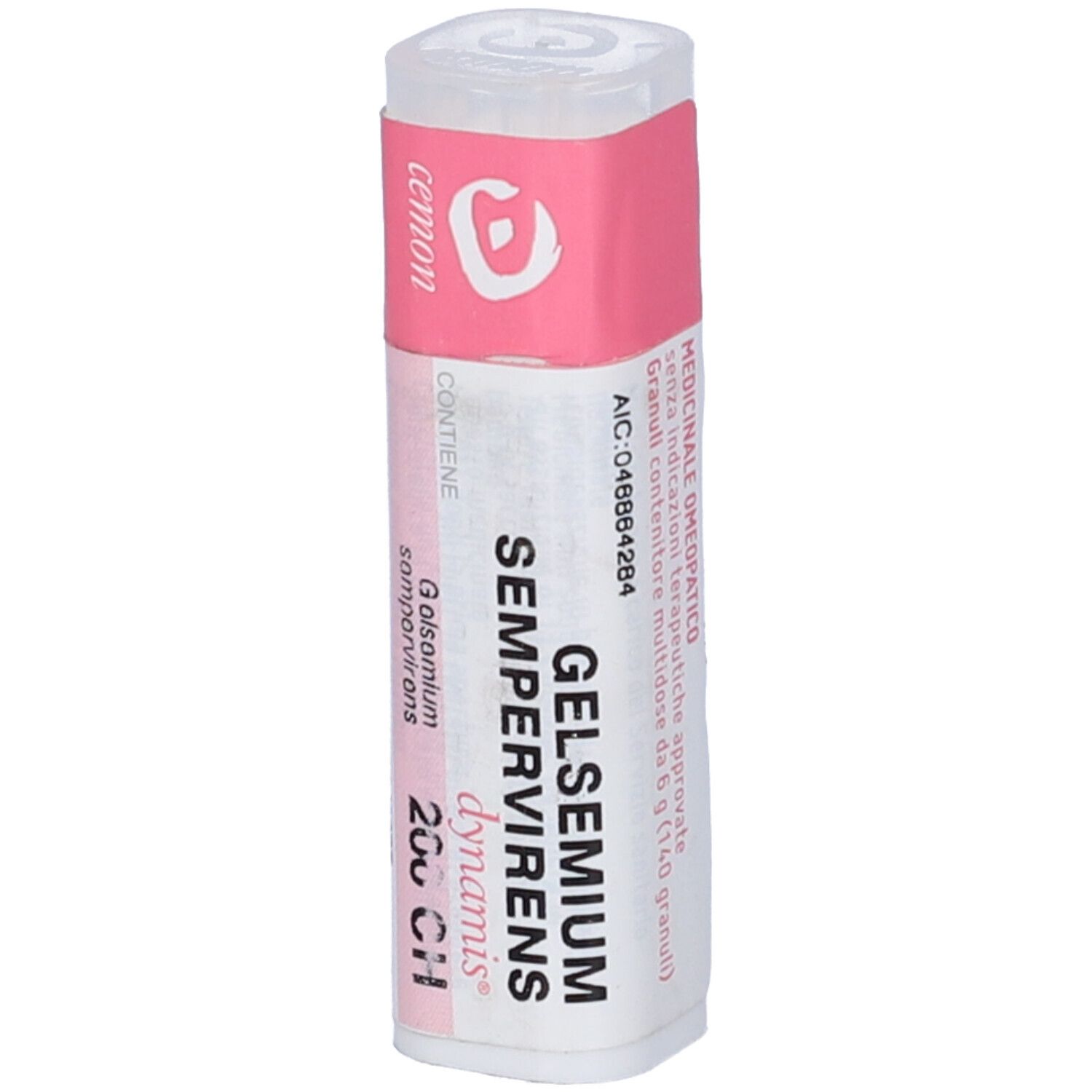 Flacone cilindrico bianco con etichetta rosa. Scritta: Gelsemium Sempervirens dynamis 200 CH. Marchio Cemon.