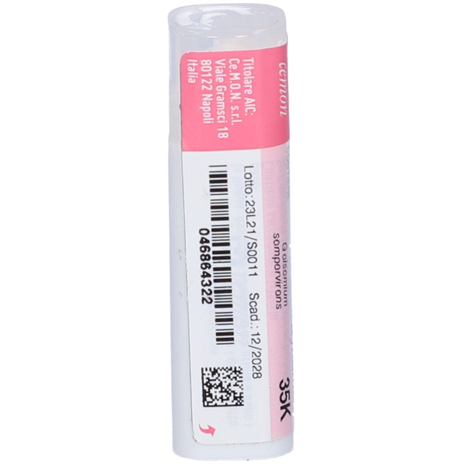 Flacone cilindrico con etichetta rosa e bianca. Codice a barre e testo. Scritta: Gelsemium Sempervirens Dynamis 35K. Scadenza 12/2028.