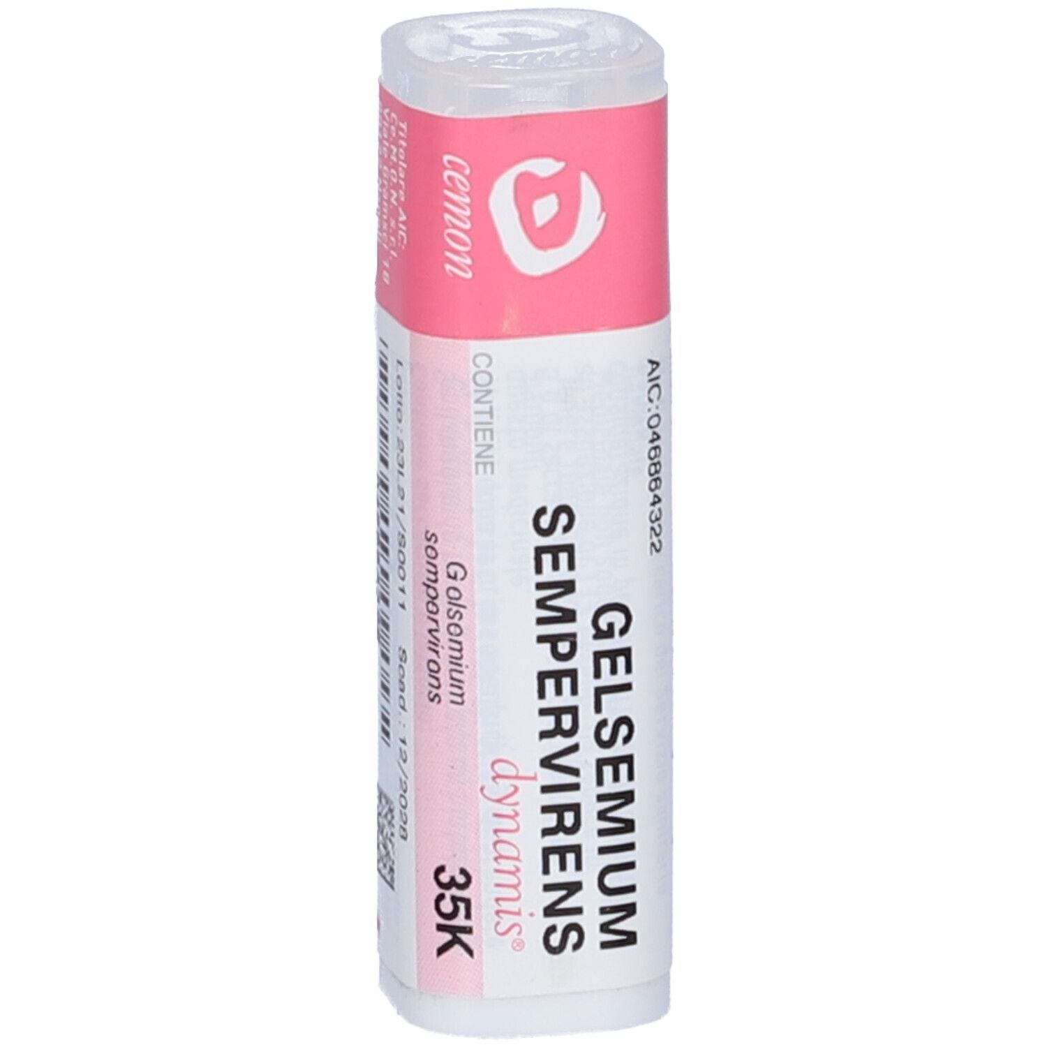 Flacone cilindrico con etichetta rosa e bianca. Scritta: Gelsemium Sempervirens Dynamis 35K. Logo e testo.