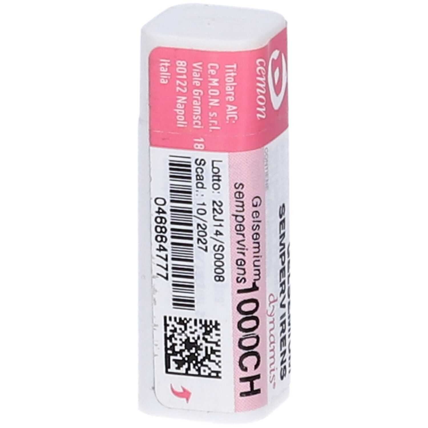 Confezione cilindrica con etichetta rosa e bianca. Testo: Gelsemium Sempervirens 1000CH. Codice a barre e numero di lotto.