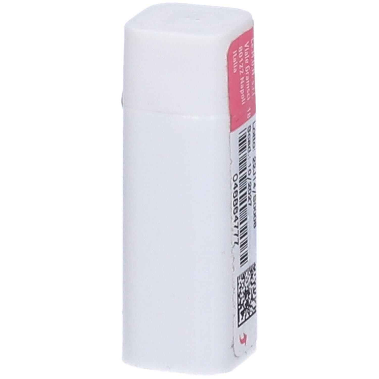 Confezione cilindrica bianca con etichetta rosa. Stampa: indirizzo e numero di lotto. Codice a barre.