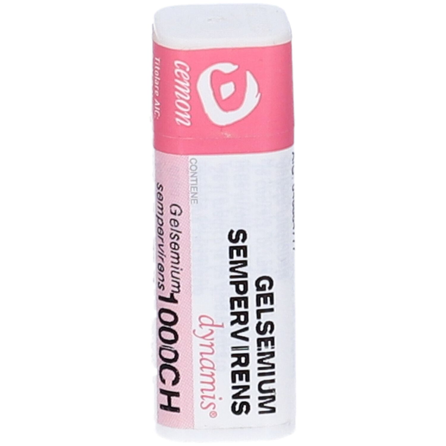 Confezione cilindrica con etichetta rosa e bianca. Testo: Gelsemium Sempervirens dynamis 1000CH. Logo: Cemon.
