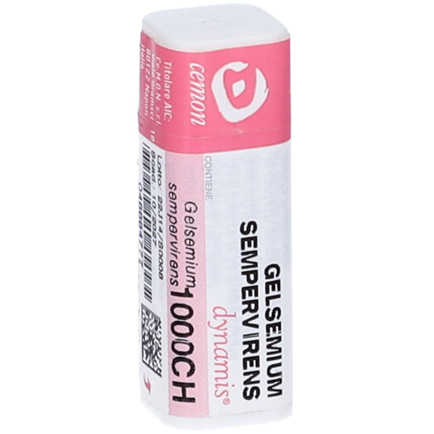 Confezione cilindrica con etichetta rosa e bianca. Testo: Gelsemium Sempervirens 1000CH. Codice a barre e numero di lotto.