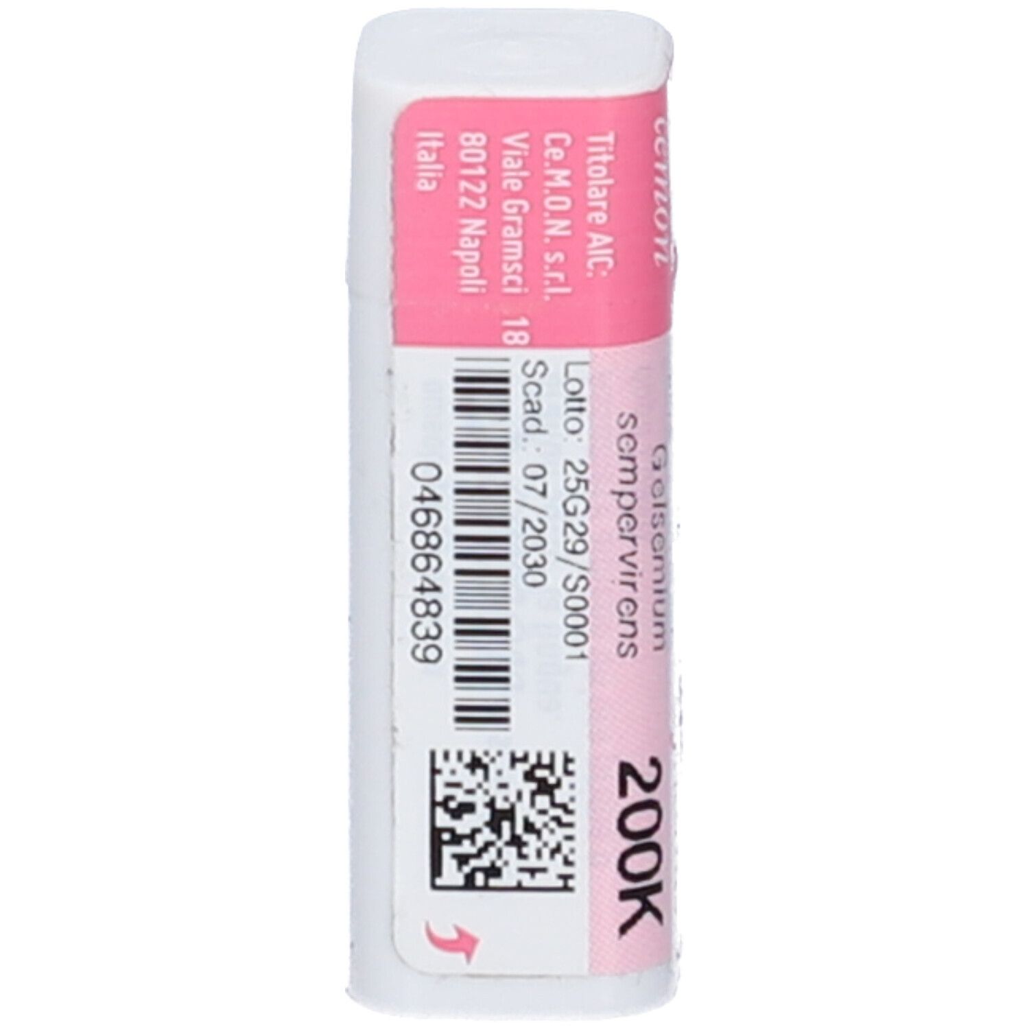 Flacone cilindrico bianco con etichetta rosa. Testo: Gelsemium Sempervirens 200K. Codice a barre e altre informazioni.