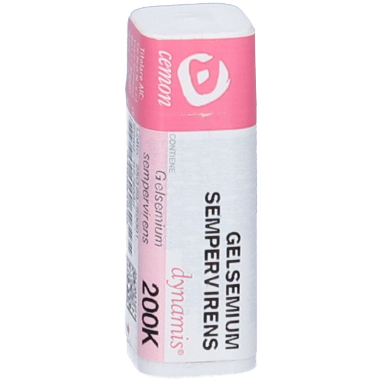 Flacone cilindrico bianco con etichetta rosa. Testo: Gelsemium Sempervirens dynamis 200K. Logo e scritta cemon.