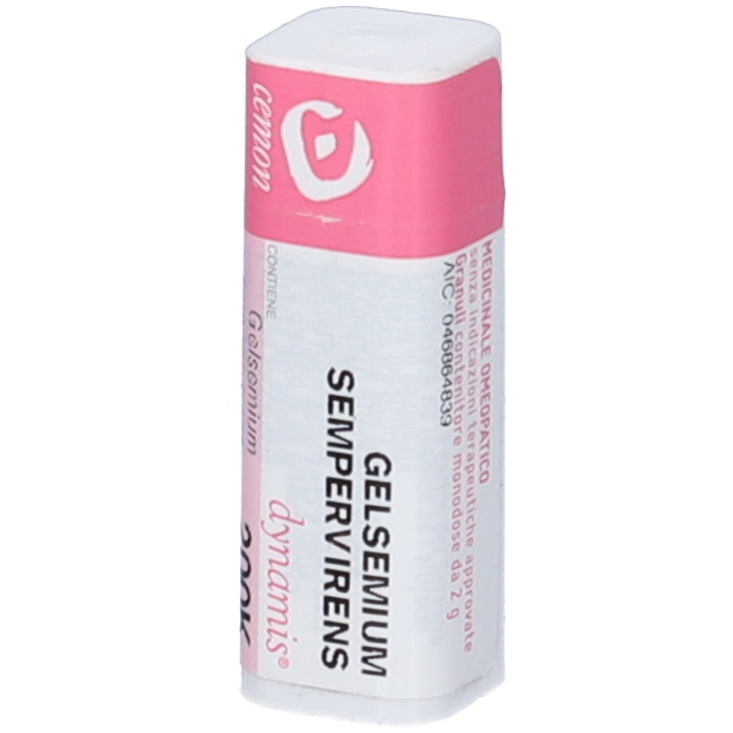 Flacone cilindrico bianco con etichetta rosa. Testo: Gelsemium Sempervirens 200K. Logo e scritta cemon.