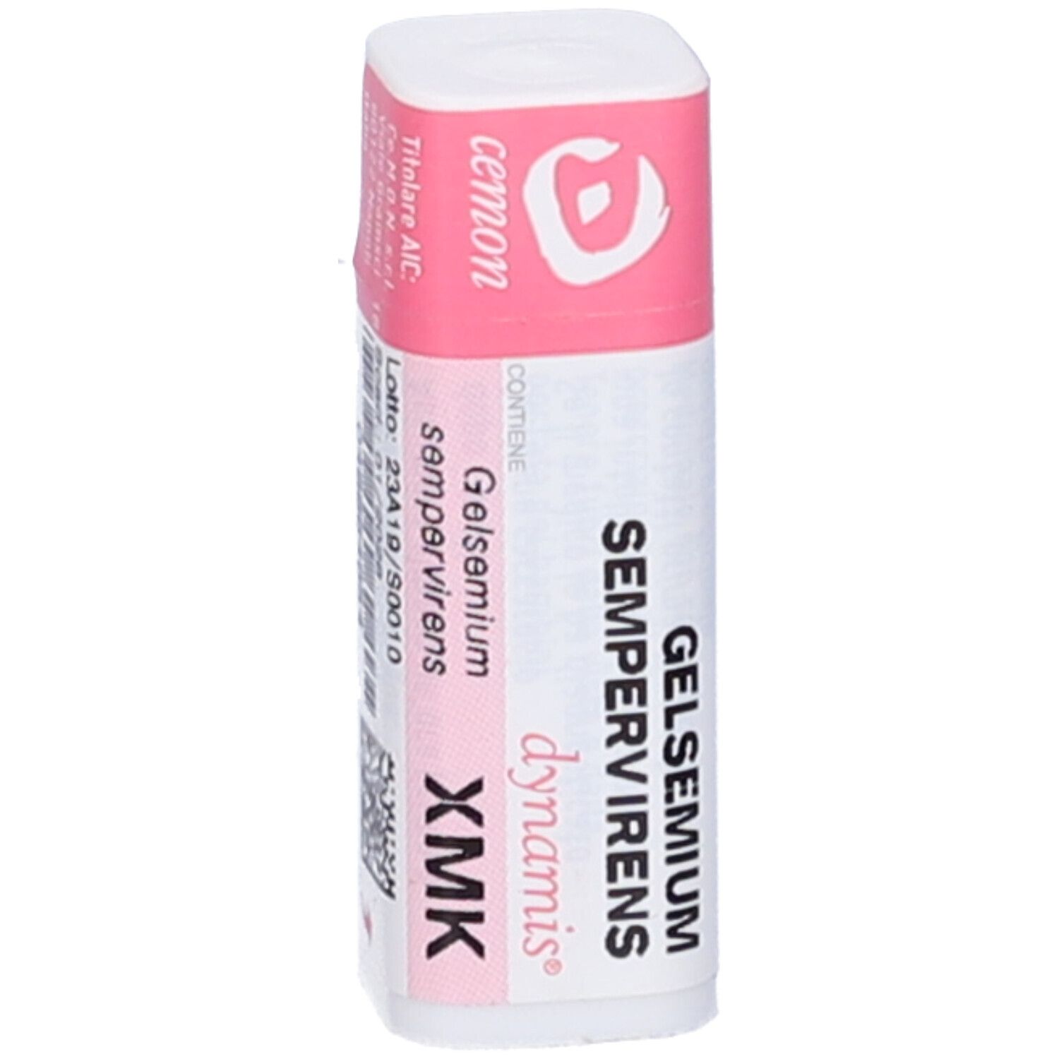 Confezione rettangolare con etichette rosa e bianche. Scritte: Gelsemium Sempervirens, dynamis, XMK, cemon.