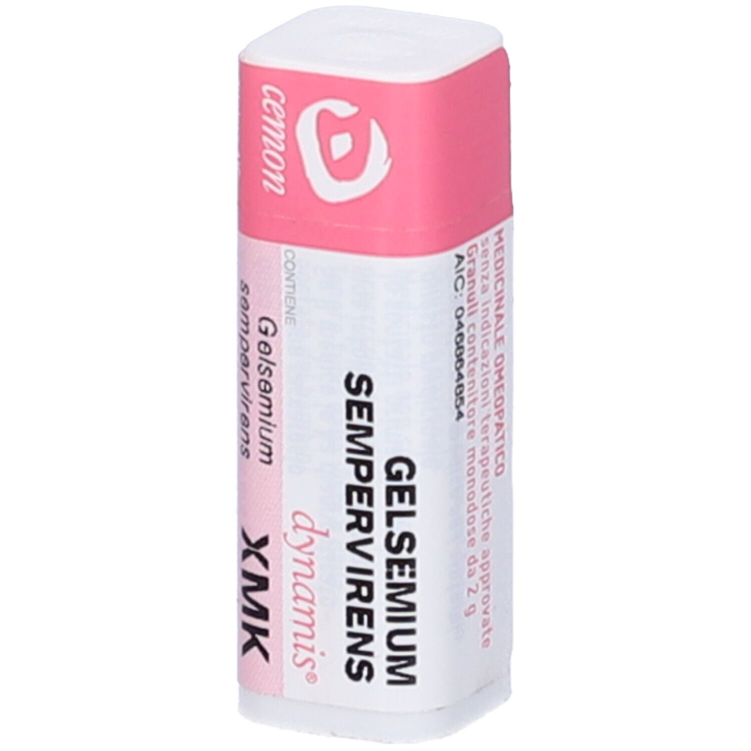 Confezione rettangolare con etichette rosa e bianche. Scritte: Gelsemium Sempervirens, dynamis, XMK, cemon.