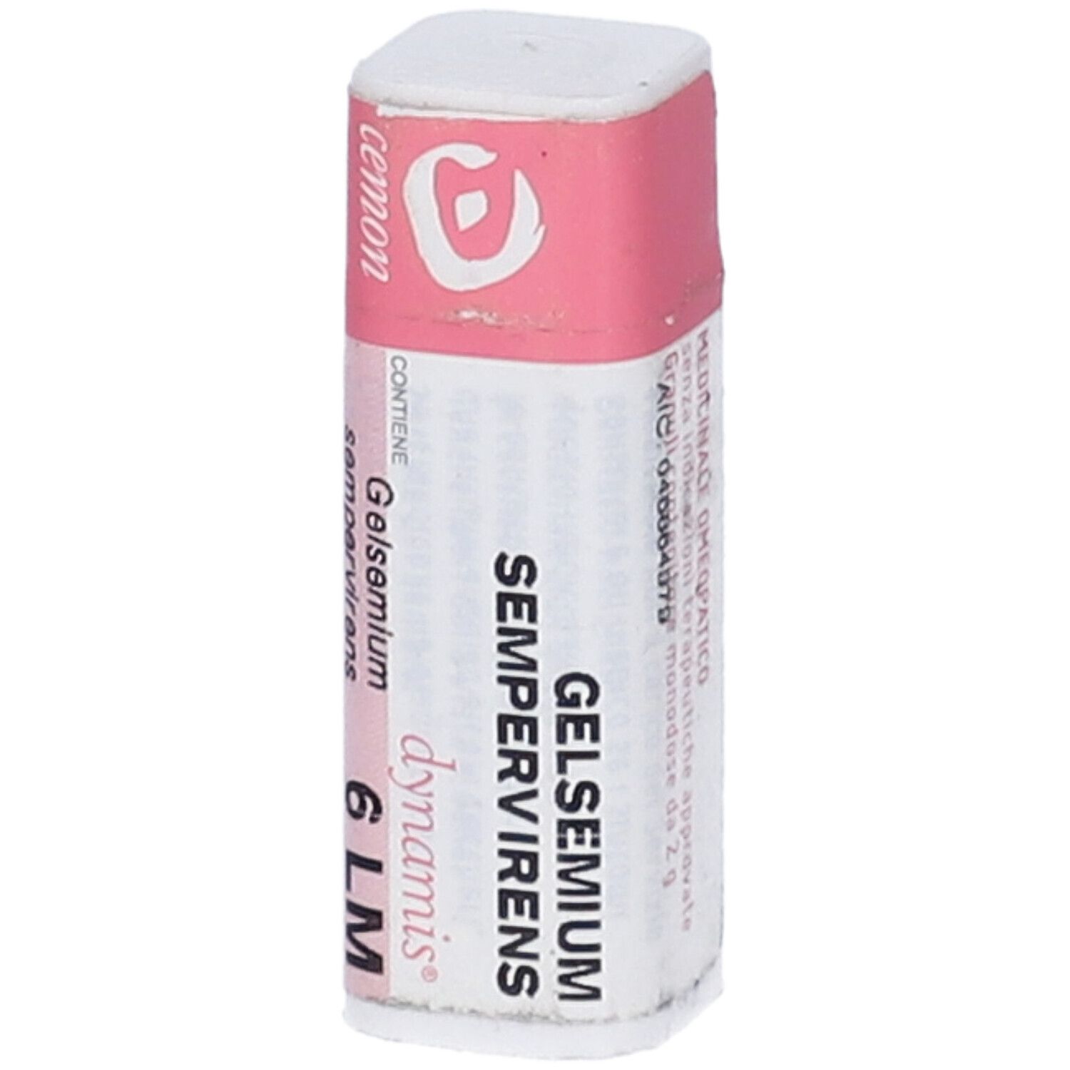 Confezione monodose cilindrica bianca con coperchio e fascia rosa. Scritte: Gelsemium Sempervirens 6 LM, cemon.