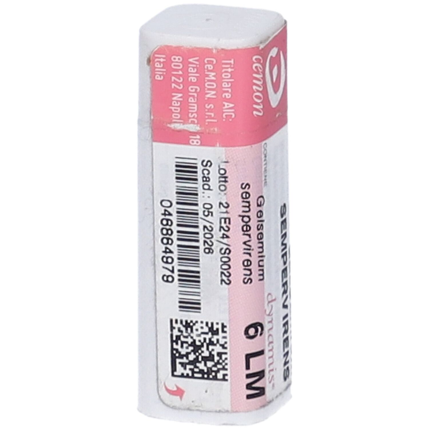 Confezione monodose cilindrica bianca con coperchio e fascia rosa. Scritte: Gelsemium Sempervirens 6 LM, cemon, codice a barre.