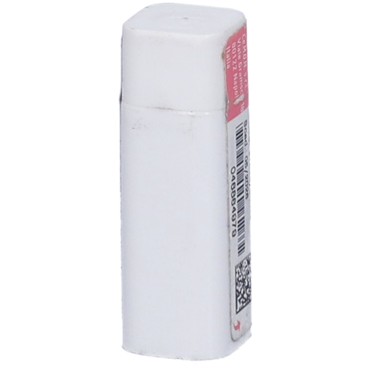 Confezione monodose cilindrica bianca con coperchio e fascia rosa. Scritte: codice a barre, indirizzo, scadenza.