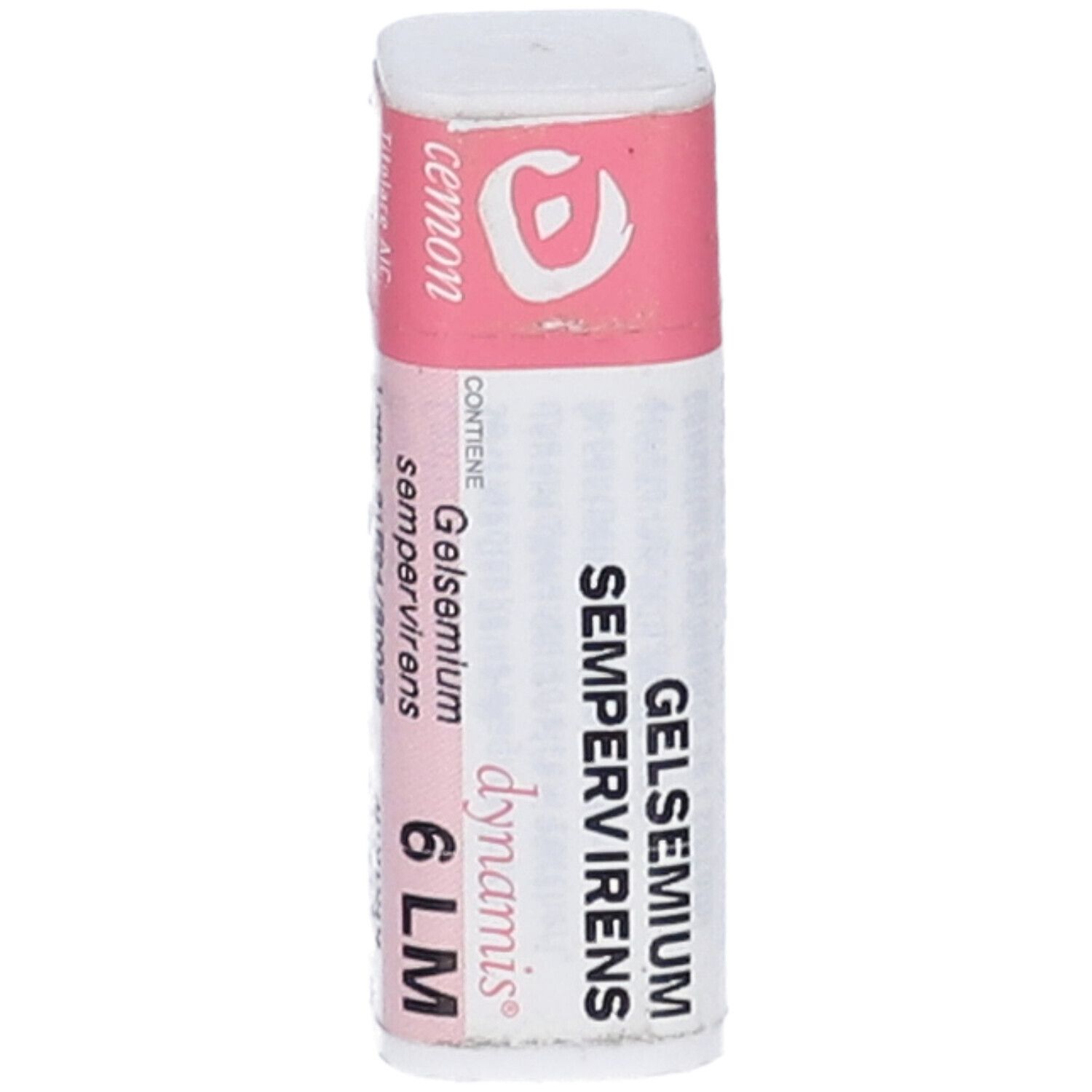 Confezione monodose cilindrica bianca con coperchio e fascia rosa. Scritte: Gelsemium Sempervirens 6 LM, cemon.
