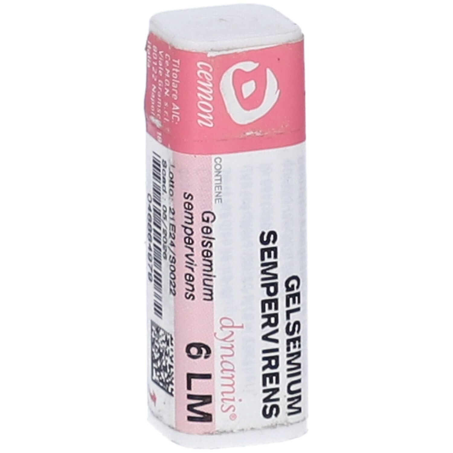 Confezione monodose cilindrica bianca con coperchio e fascia rosa. Scritte: Gelsemium Sempervirens 6 LM, cemon, codice a barre.
