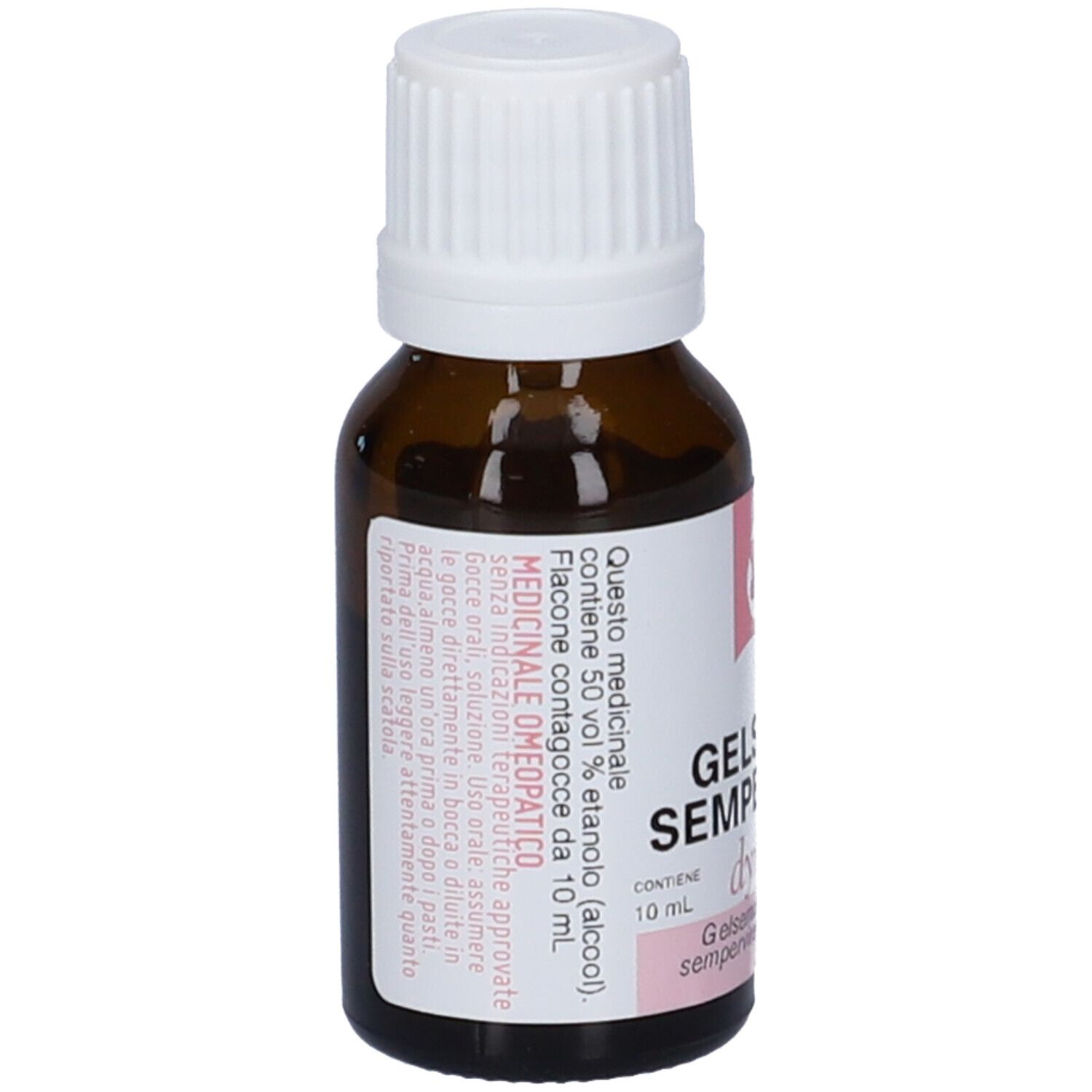 Flacone di vetro marrone con tappo bianco. Etichetta con informazioni sul prodotto e testo. Accenti rosa.