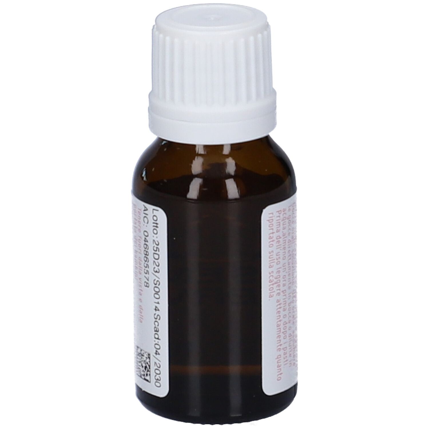 Flacone di vetro marrone con tappo bianco. Etichetta con numero di lotto e scadenza. Vista posteriore.