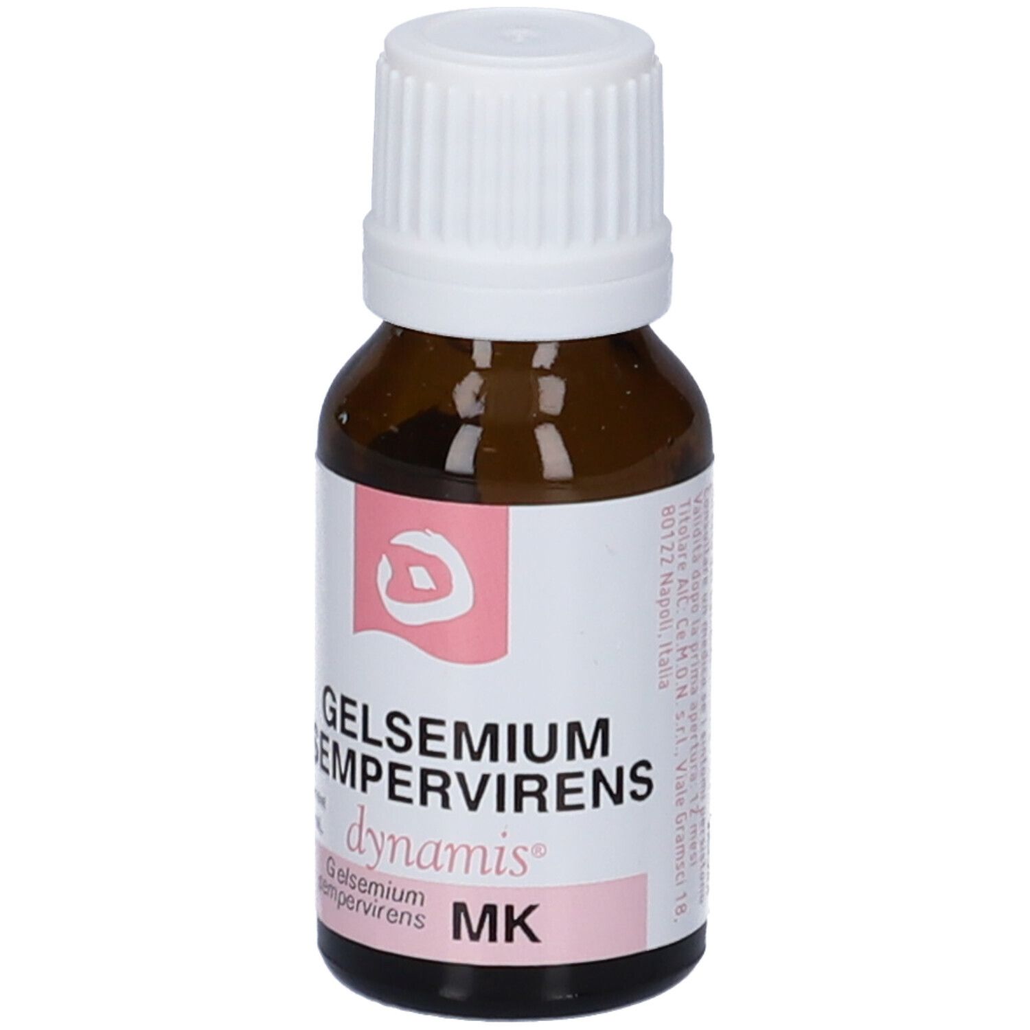 Flacone di vetro marrone con tappo bianco. Etichetta con nome del prodotto e logo. Accenti rosa.