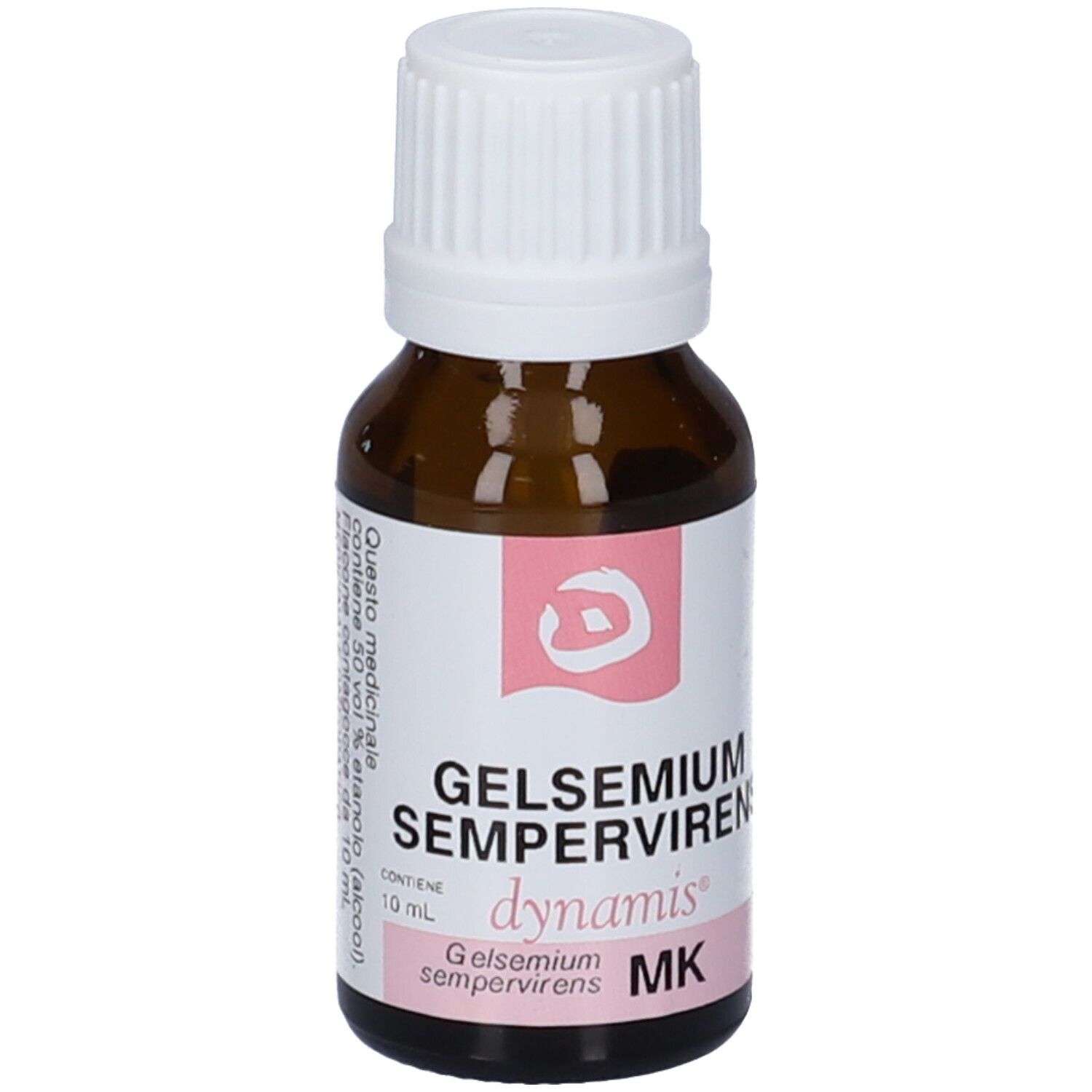 Flacone di vetro marrone con tappo bianco. Etichetta con nome del prodotto e logo. Accenti rosa.