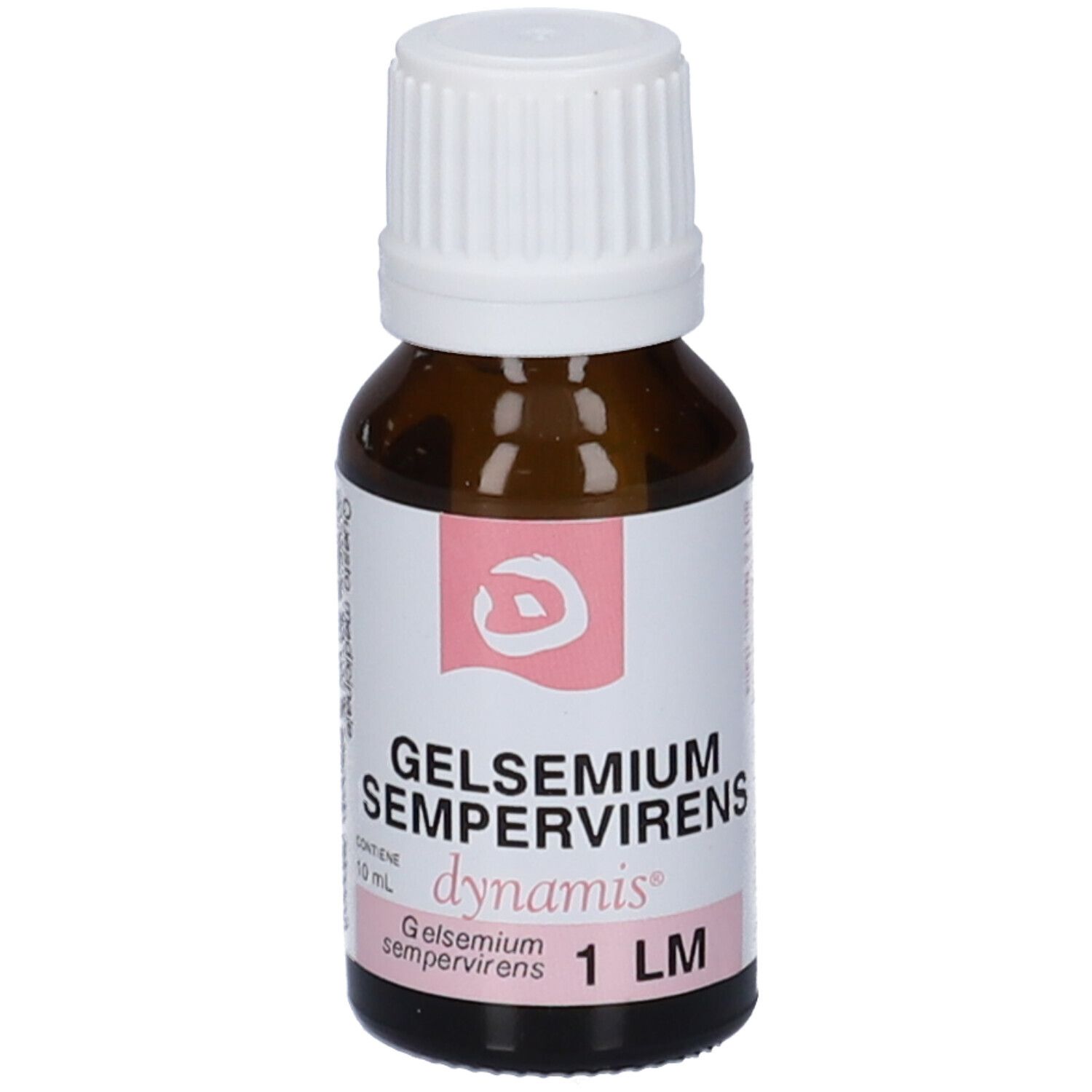 Flacone di vetro marrone con tappo bianco ed etichetta. Scritta: Gelsemium Sempervirens, dynamis, 1 LM.