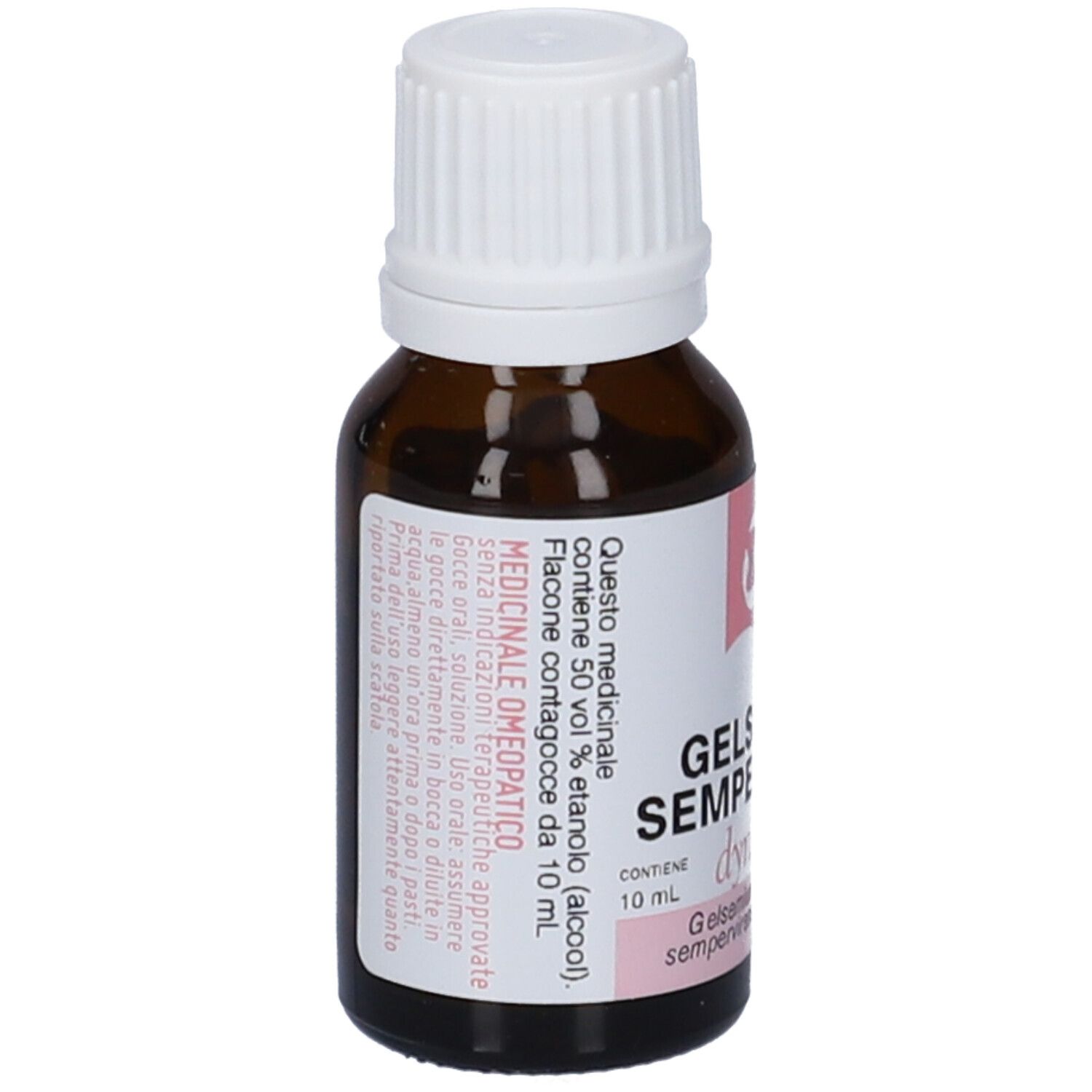 Flacone di vetro marrone con tappo bianco ed etichetta. Scritta: Gelsemium Sempervirens, dynamis, 1 LM. Contiene 50% etanolo.