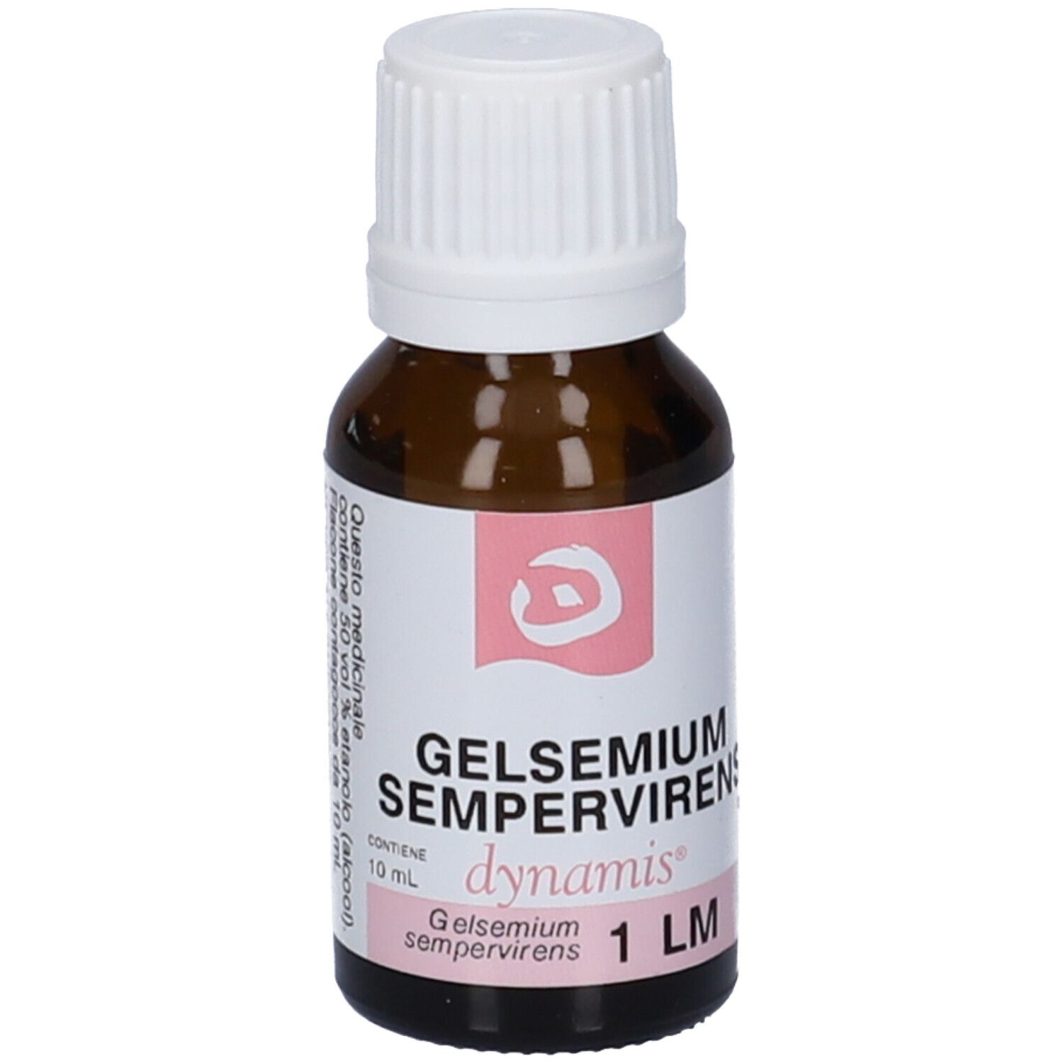 Flacone di vetro marrone con tappo bianco ed etichetta. Scritta: Gelsemium Sempervirens, dynamis, 1 LM. Contiene 50% etanolo.