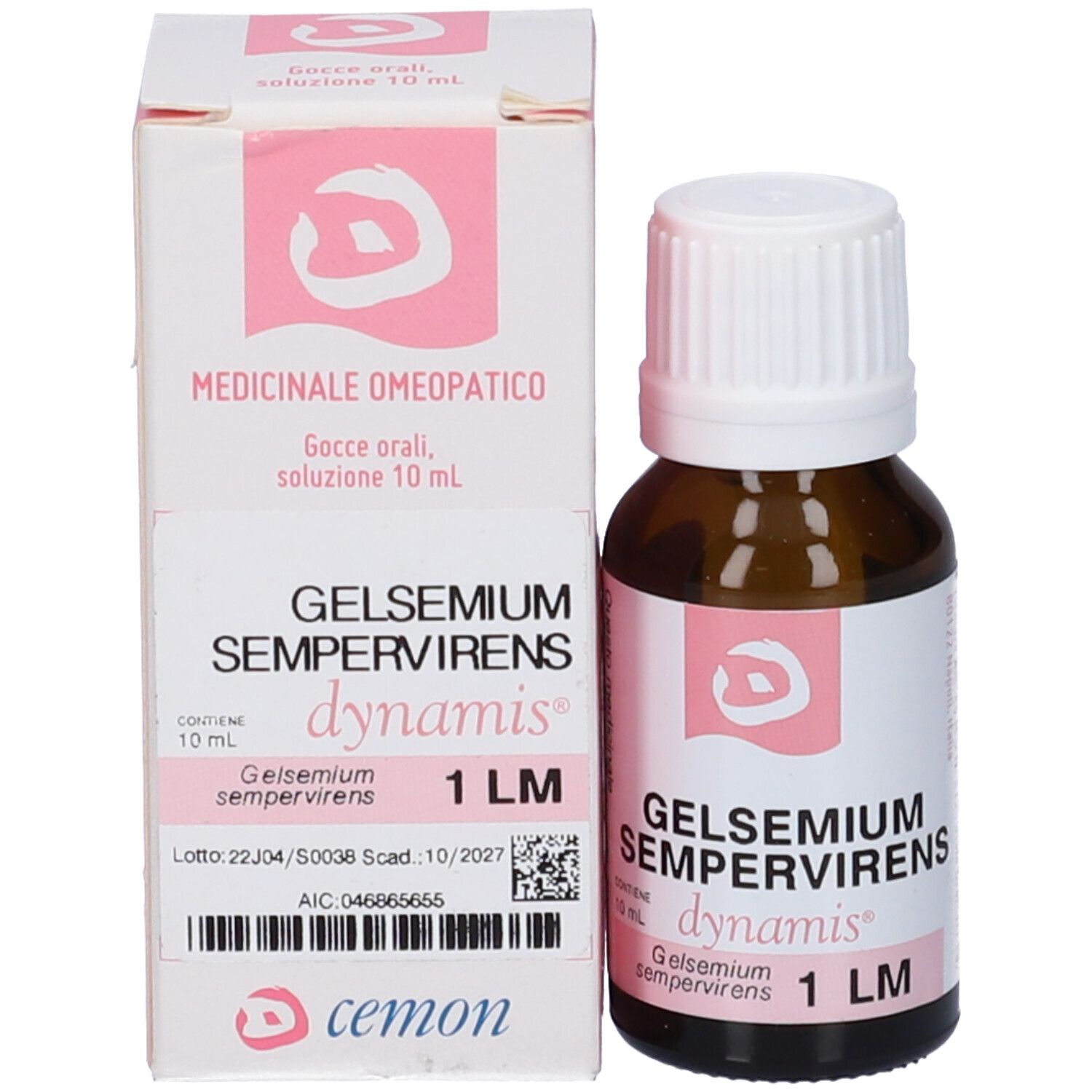 Flacone di vetro marrone con tappo bianco e scatola rosa e bianca. Scritta: Gelsemium Sempervirens, dynamis, 1 LM.