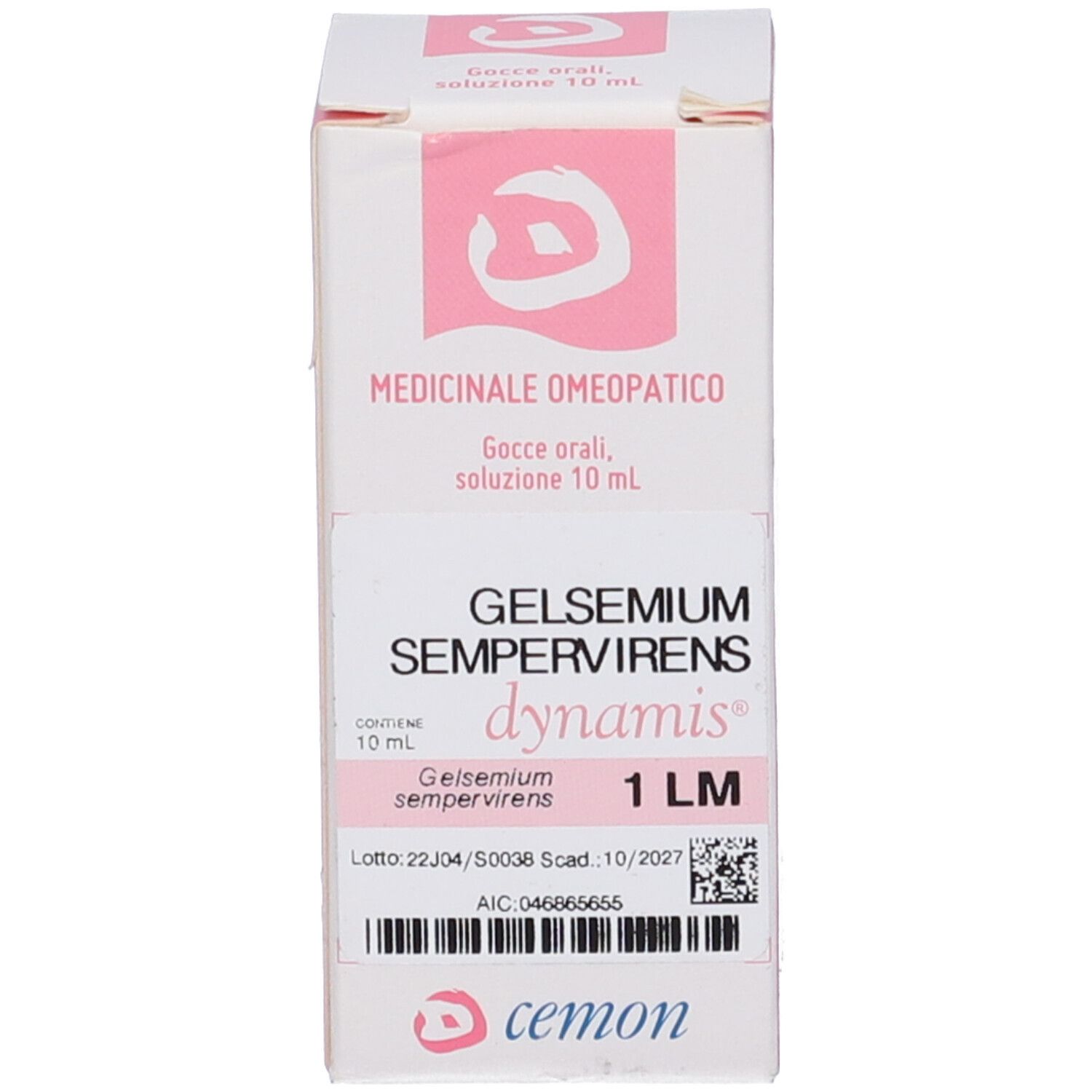 Scatola rosa e bianca. Scritta: Gelsemium Sempervirens, dynamis, 1 LM. Con numero di lotto e scadenza.
