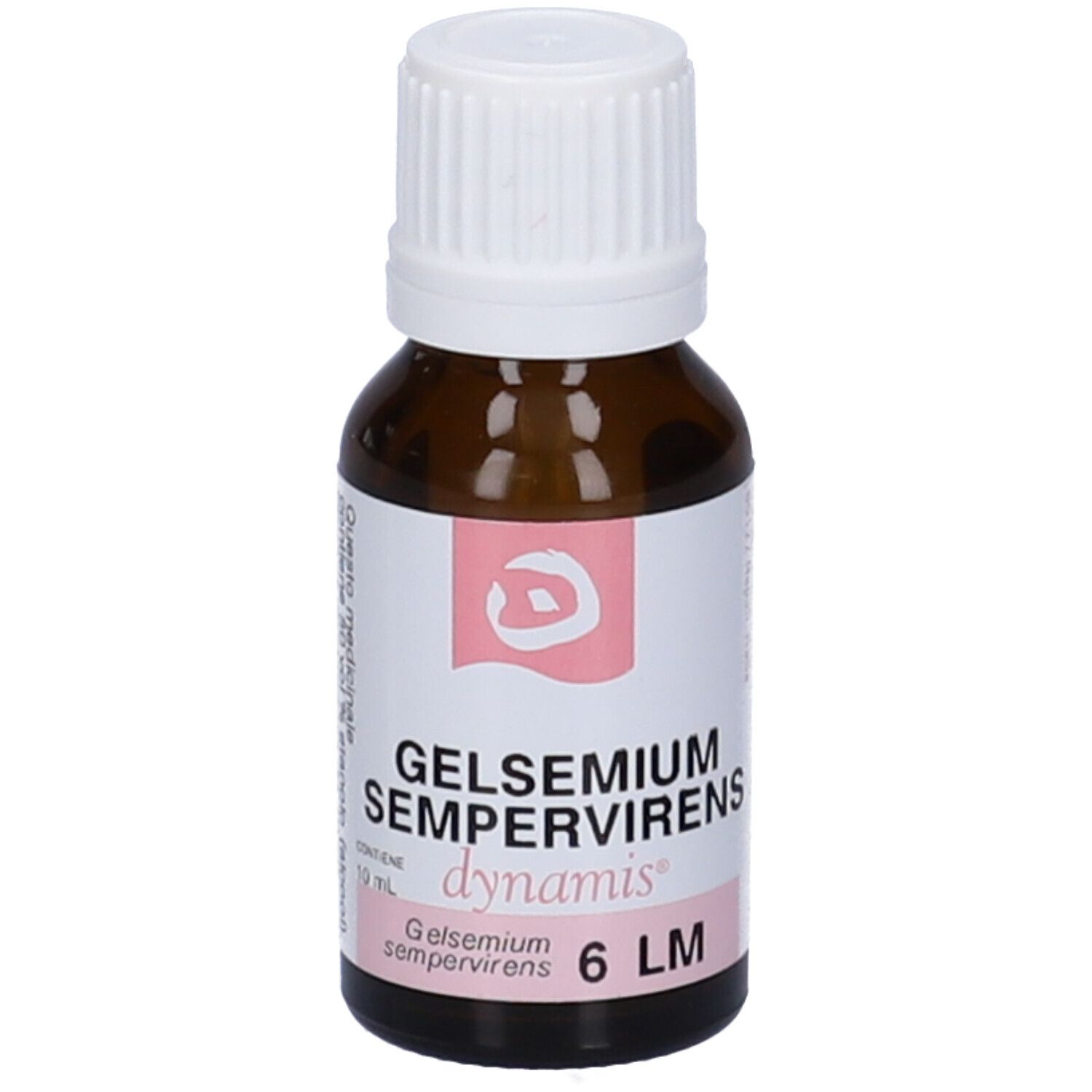 Flacone in vetro marrone con tappo a vite bianco. Etichetta rosa con: Gelsemium Sempervirens, 6 LM.
