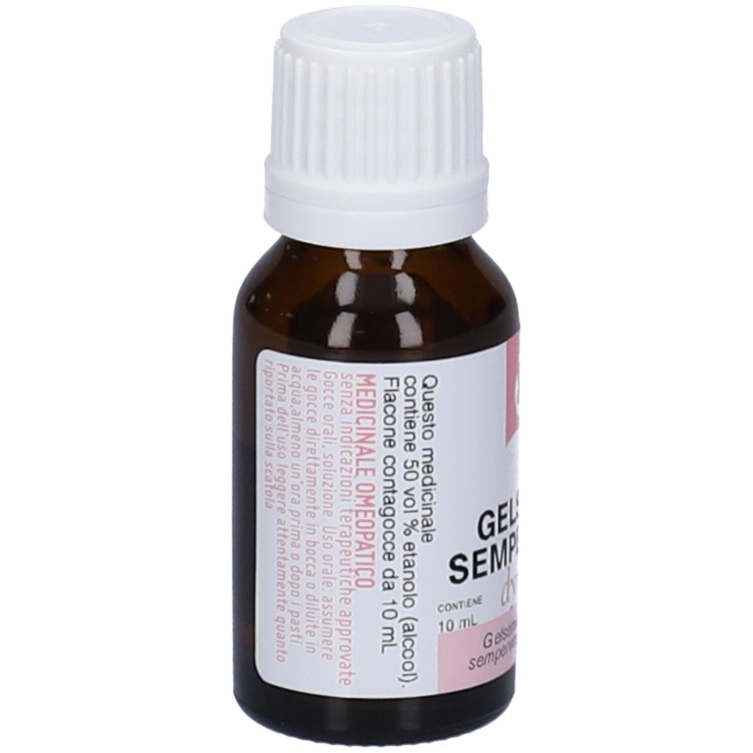 Flacone in vetro marrone con tappo a vite bianco. Etichetta rosa con testo.