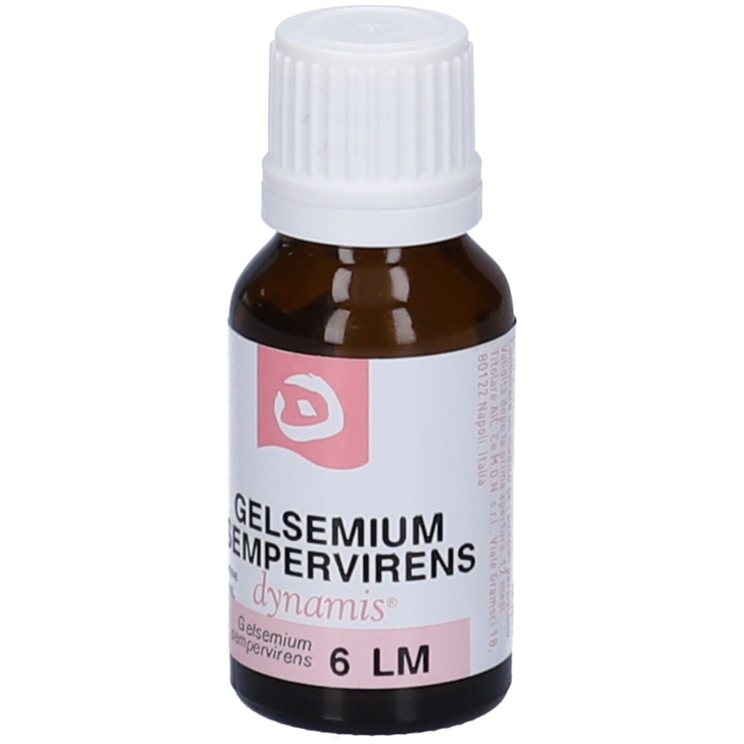 Flacone in vetro marrone con tappo a vite bianco. Etichetta rosa con testo: Gelsemium Sempervirens, 6 LM.