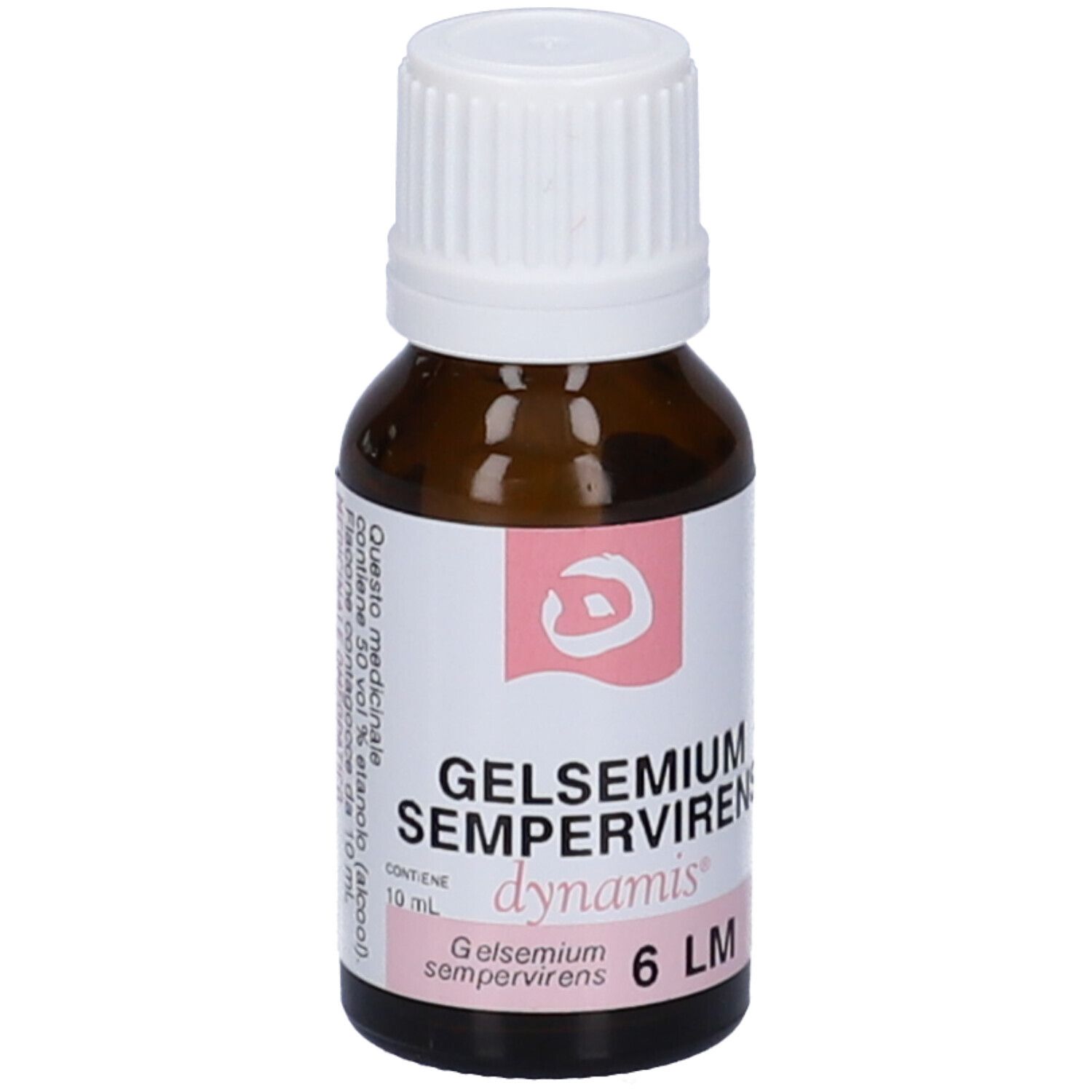 Flacone in vetro marrone con tappo a vite bianco. Etichetta rosa con testo: Gelsemium Sempervirens, 6 LM.