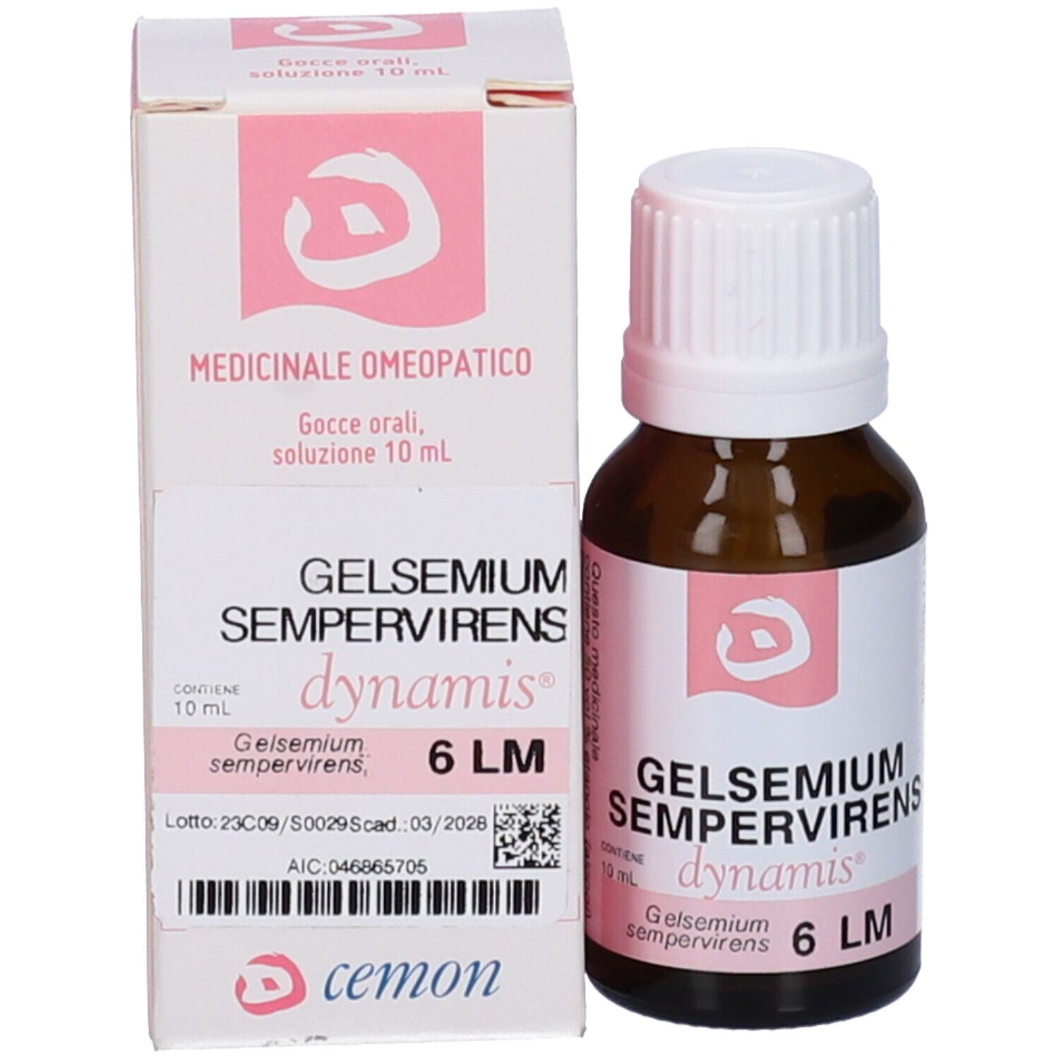 Flacone e scatola. Flacone: Gelsemium Sempervirens, 6 LM. Scatola: Medicinale omeopatico.