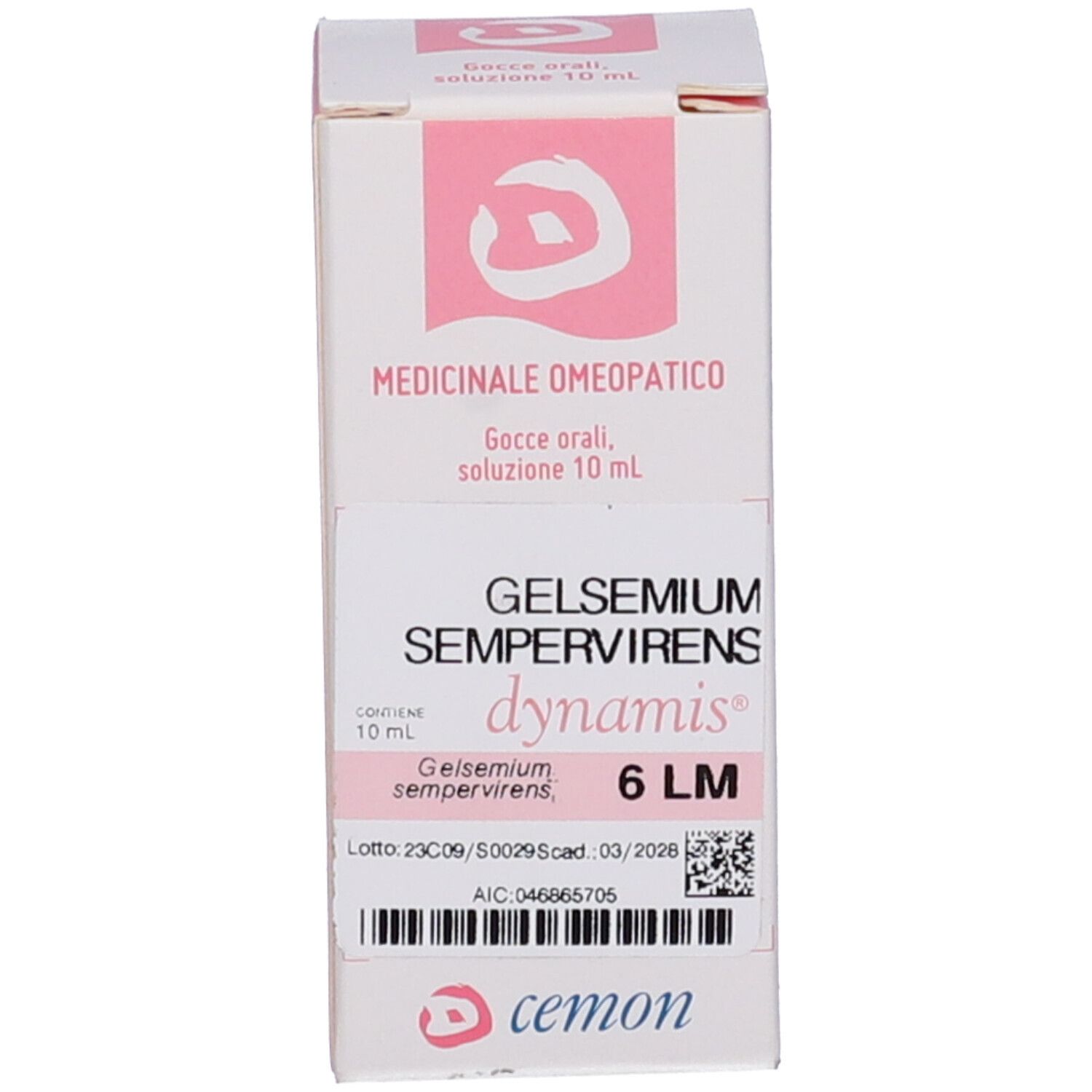 Confezione del prodotto. Scritta: Gelsemium Sempervirens, 6 LM. Medicinale omeopatico.