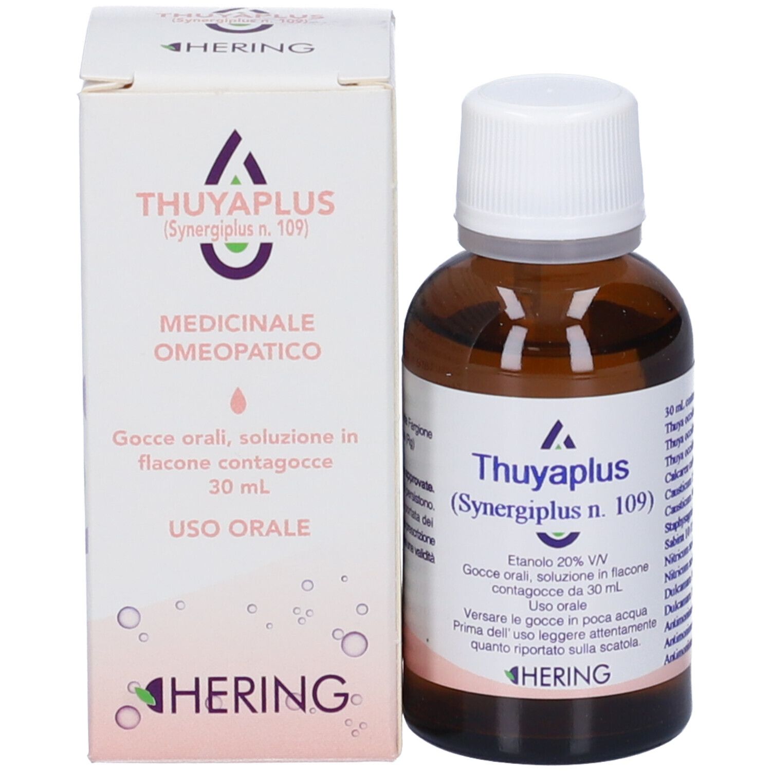 Flacone in vetro marrone e scatola. Scritta: Thuyaplus, Hering. Gocce medicinali.
