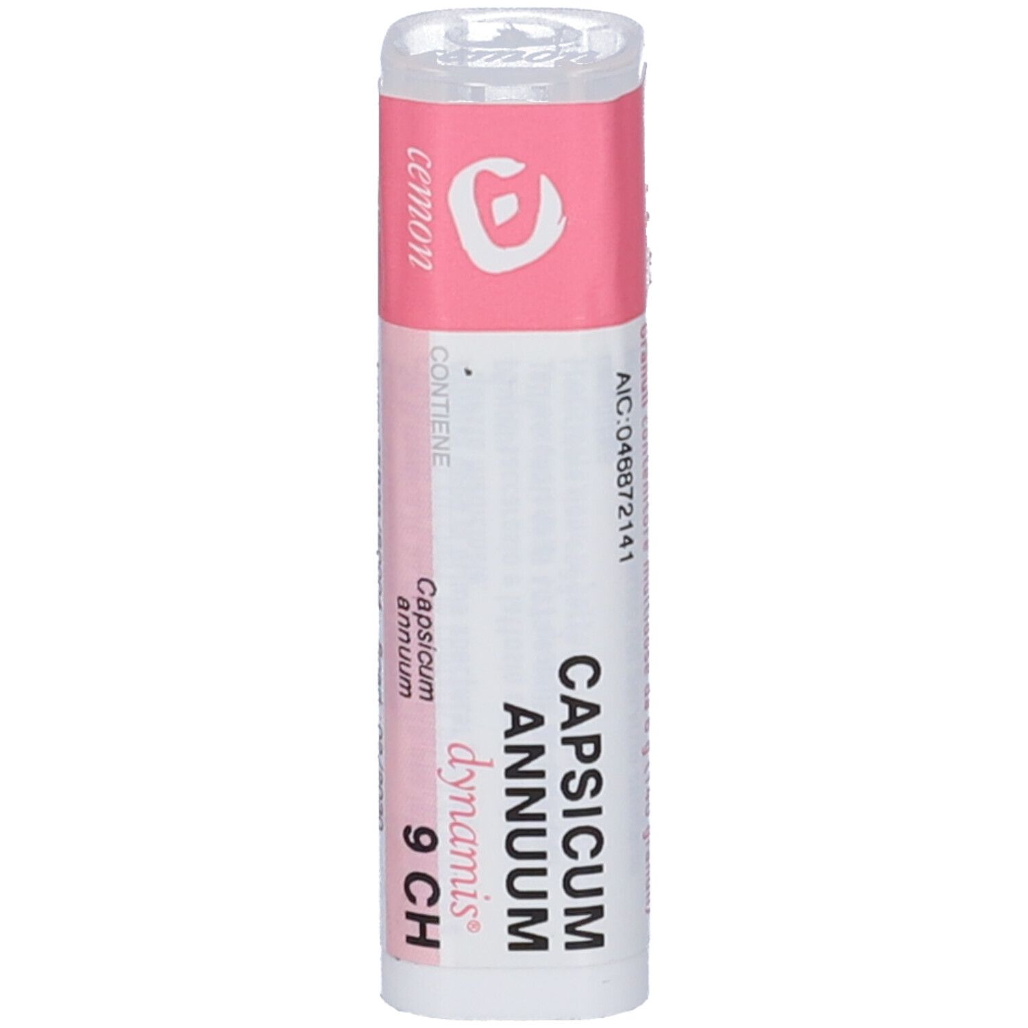 Flacone cilindrico con etichetta rosa. Scritte bianche: Capsicum Annuum, 9 CH. Coperchio trasparente.