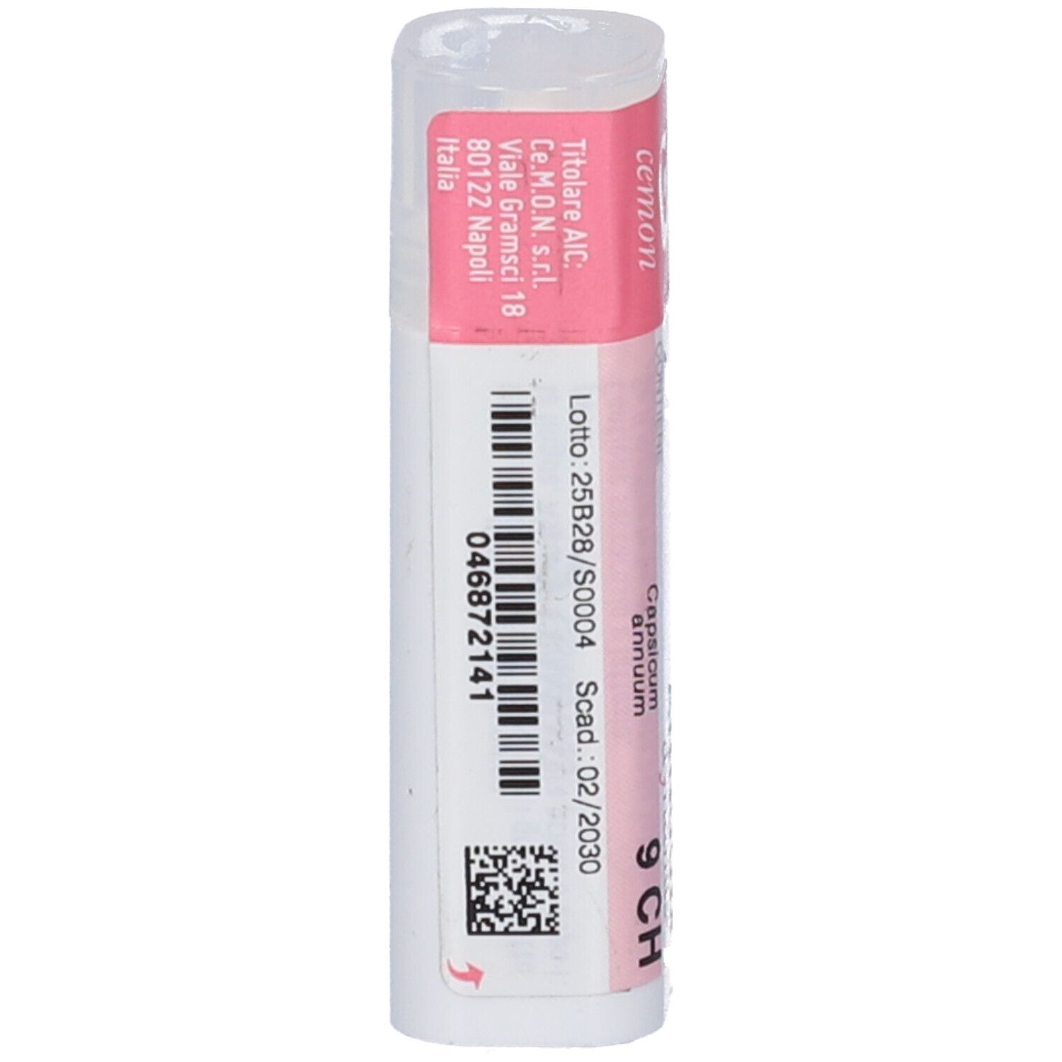 Flacone cilindrico con etichetta rosa. Scritte bianche, codice a barre e QR code. Coperchio trasparente.