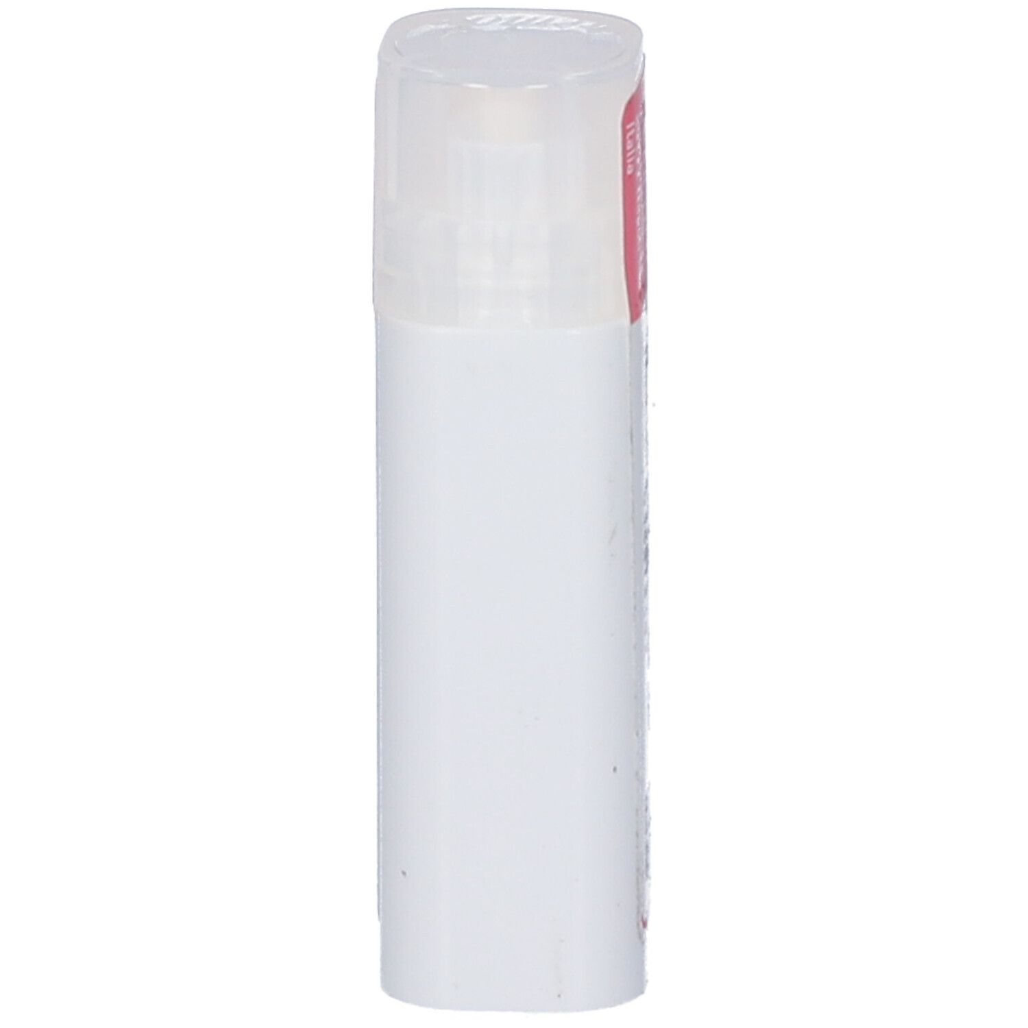 Flacone cilindrico bianco con coperchio trasparente. Etichetta rosa parzialmente visibile.