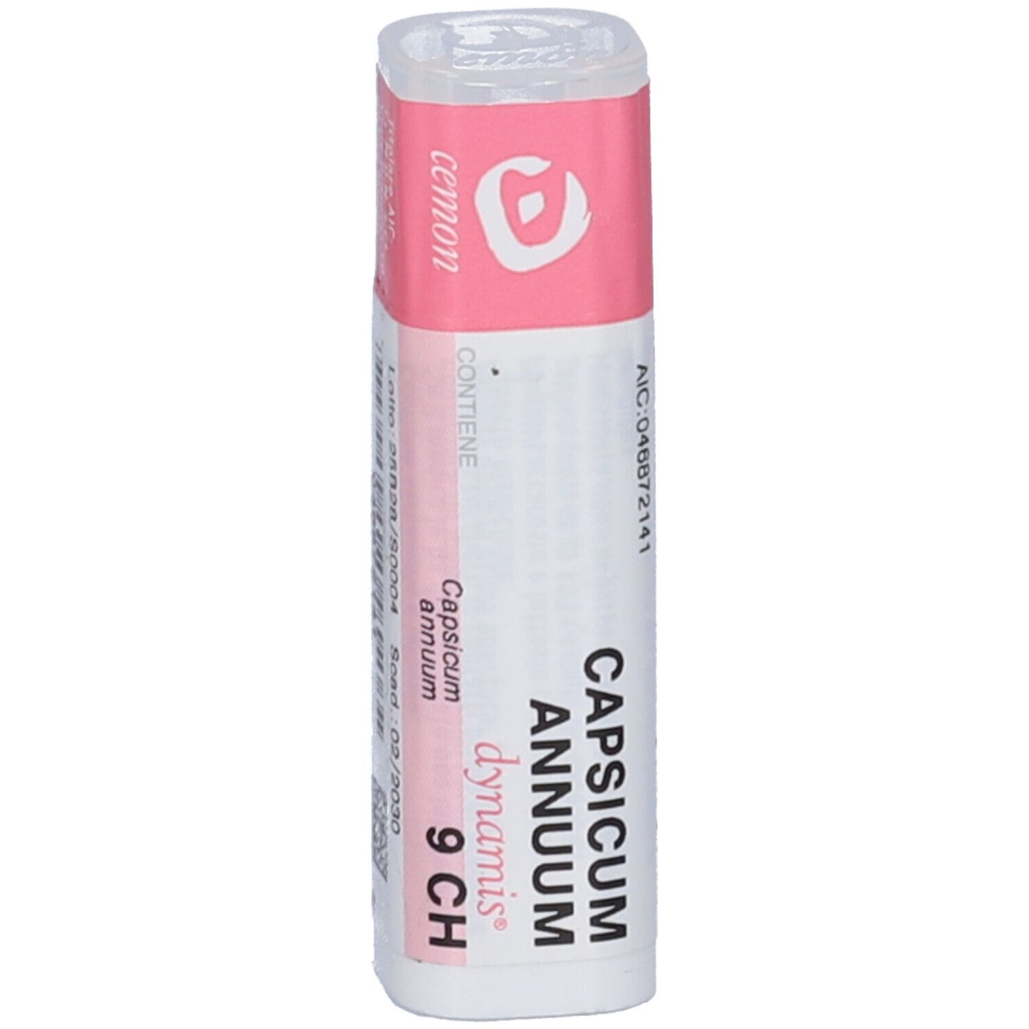 Flacone cilindrico con etichetta rosa. Scritte bianche: Capsicum Annuum, 9 CH. Coperchio trasparente.